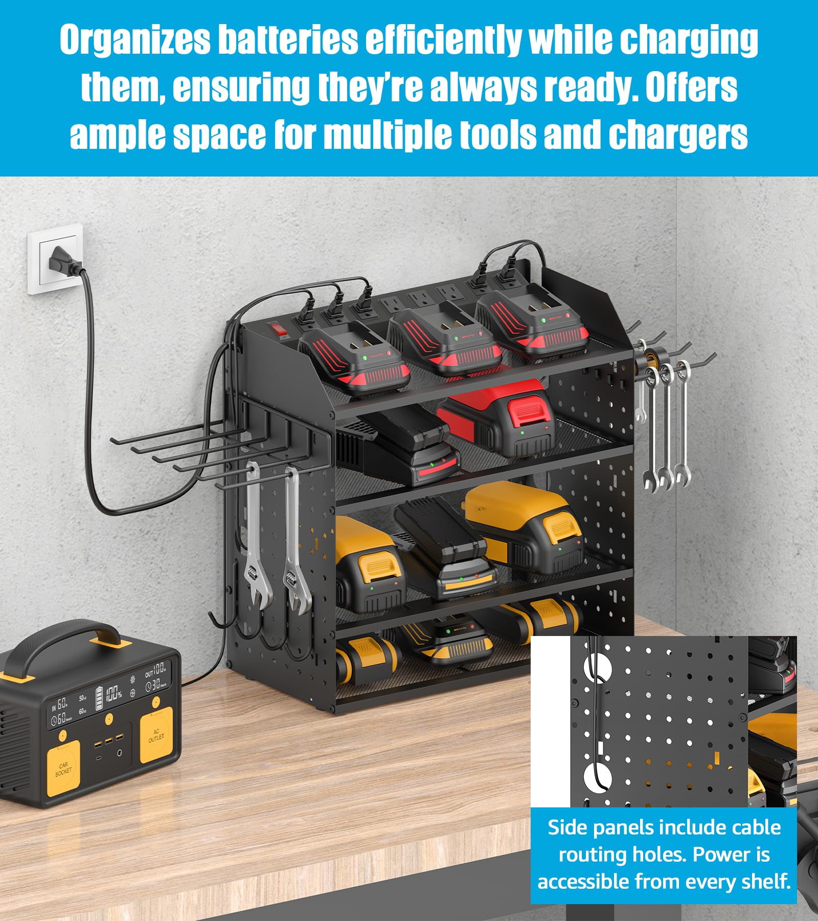 CCCEI Modular Power Tool Organizer Wall Mount with Charging Station. Garage Drill Storage Shelf with Hooks, Heavy Duty Rack, Tool Battery Holder Built in 8 Outlet. Gift for Men. Red, 2