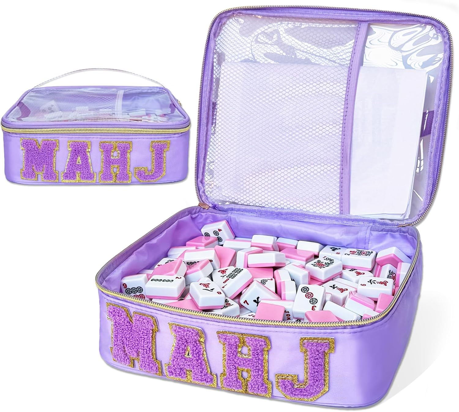 Mahjong Tile Bag with Card Pocket, Clear Mahjong Bag for 166 1.18" Tiles (MAHJ Letters 2026 NEW)