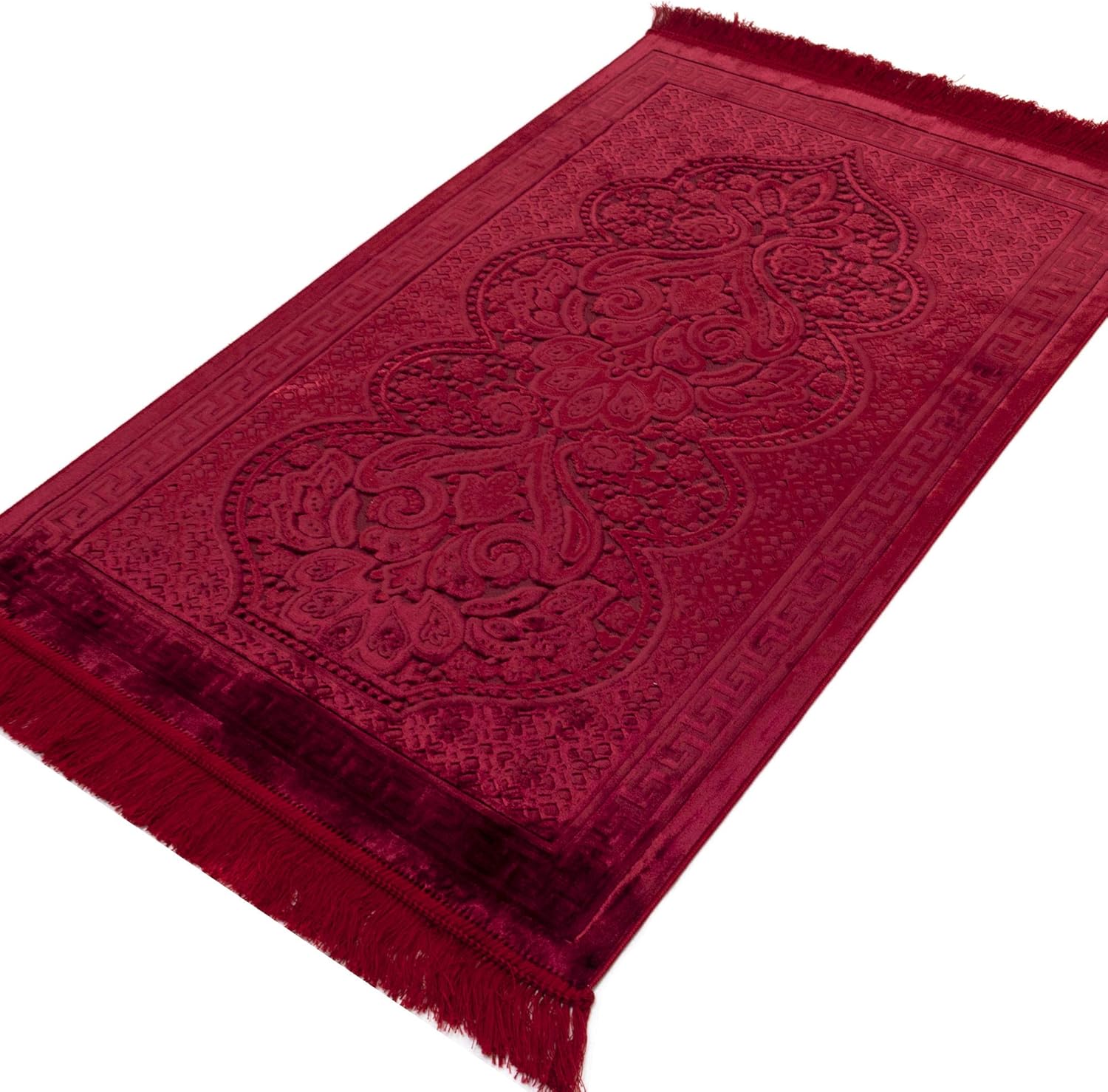Modefa Luxury Velvet Prayer Rug with Prayer Beads | Soft Elegant Muslim Turkish Janamaz Sajada Carpet for Men and Women | Plain Solid Prayer Mat Ramadan Eid Gift - Paisley (Red)
