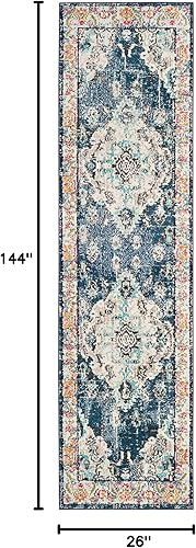 Miniatura 374 de Safavieh Tapete de área grande, colección Monaco, 11 pies x 15 pies, azul marino y celeste, diseño desgastado de medallón, no desprende pelusa