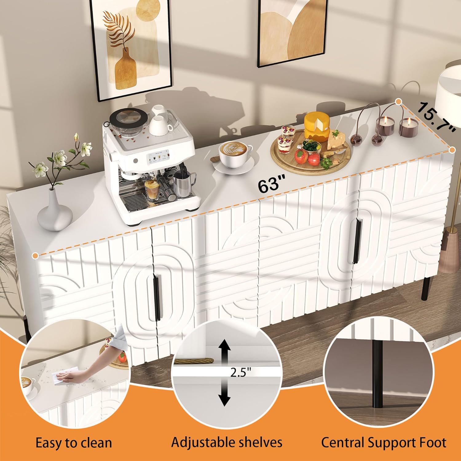 Fluted Sideboard Buffet Cabinet: 63" Modern White Sideboard Cabinet with Storage, Dining Room Credenza with 4 Doors, Living Room Console Table with Cabinets (White)