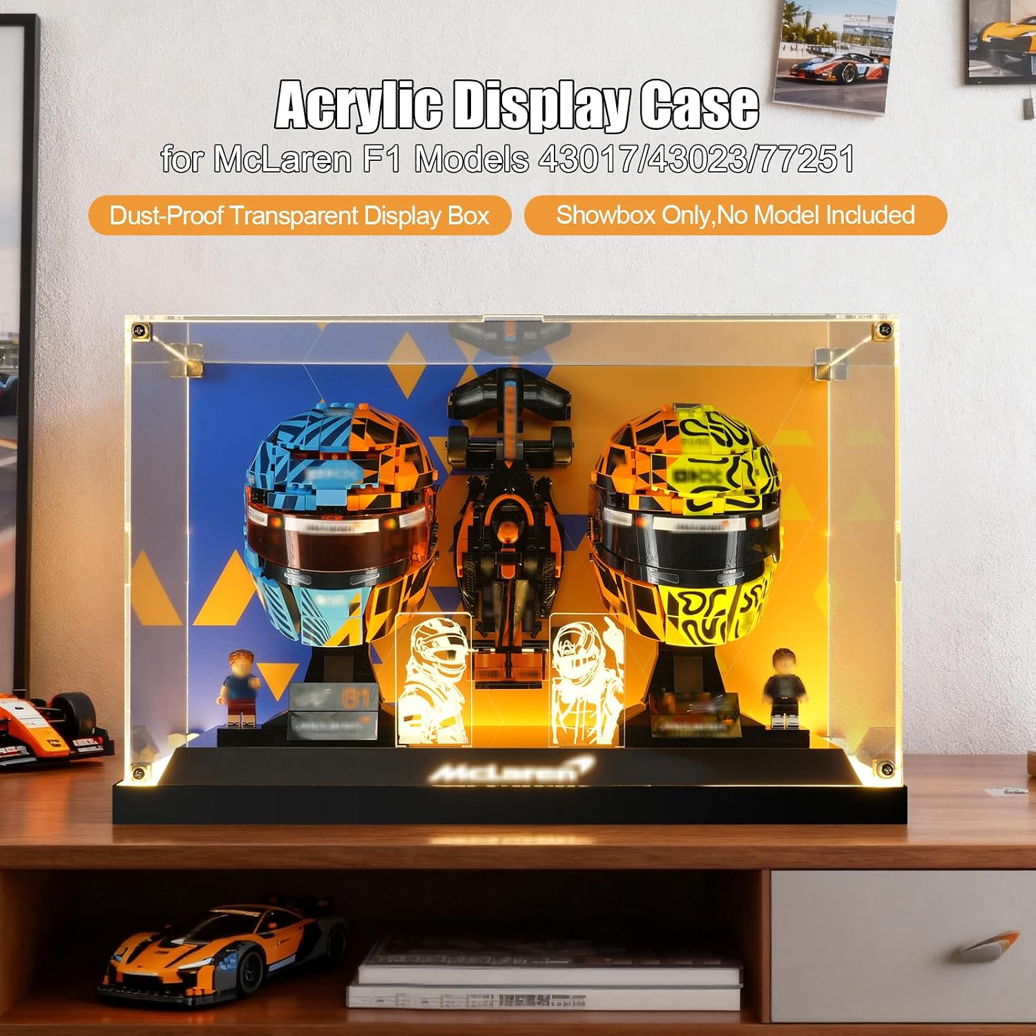 Acrylic Display Case Compatible with Lego 43017/43023/77251 McLaren MasterCard F1 Set, 3-in-1 LED Light Showcase for Car & Helmet Collectibles image 3