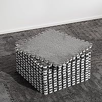 Zenowick 12pcs Grey Plush Shaggy EVA Foam Interlocking Carpet Tiles for Toddler Nursery Playroom - Non-Toxic, Anti-Slip, Soft Play Mats