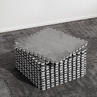 Zenowick 12pcs Grey Plush Shaggy EVA Foam Interlocking Carpet Tiles for Toddler Nursery Playroom - Non-Toxic, Anti-Slip, Soft Play Mats
