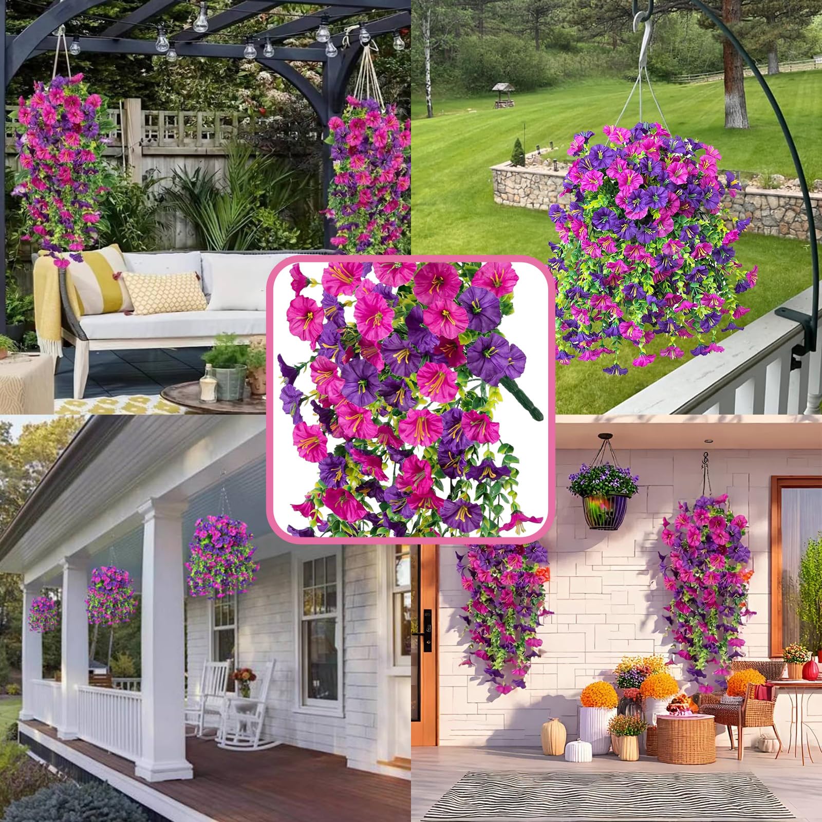 3 sztuczne rośliny wiszące, Morning Glory, sztuczne kwiaty, wiszące, dekoracyjne, wodoodporne i odporne na słońce, do salonu, na balkon, do ogrodu (fioletowe + czerwony lotos)