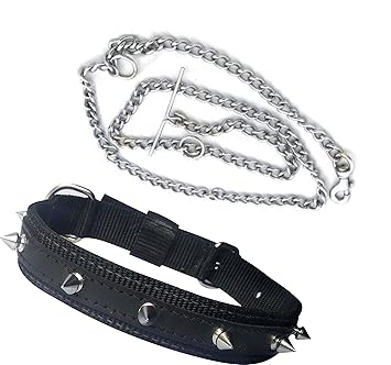 Adios Dog Belt Combo of Black Nylon Dog Spike Collar with Dog Chain 1.5m Lengthy Dog Collar & Chain for Your Pet Dogs.