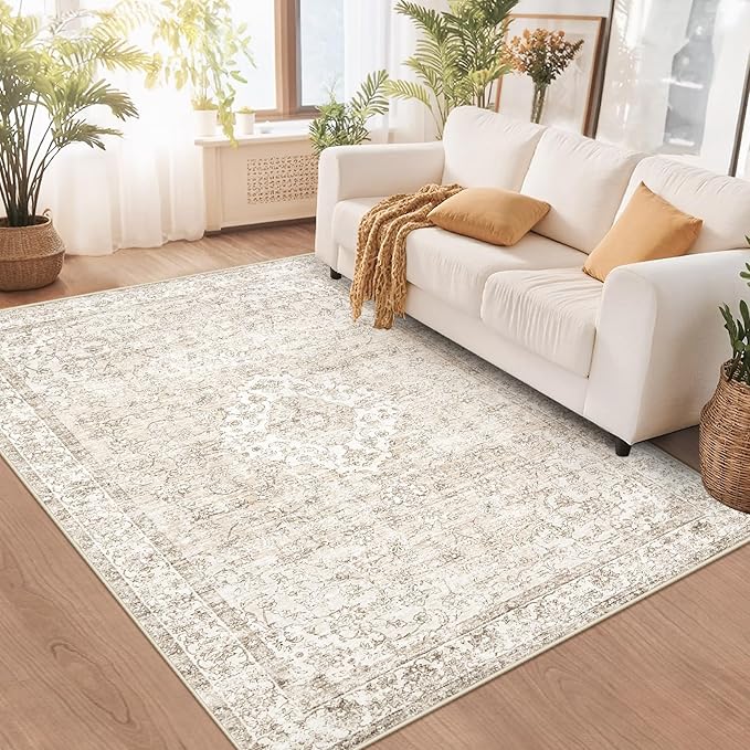 5x7 Area Rugs Washable Rug, Vintage Boho Floral Large Area Rug Soft Non Slip Low Pile Indoor Floor Carpet Retro Kids Rug for Living Room Bedroom Nursery Dining Room Dorm Home Office(BohoBeige, 5
