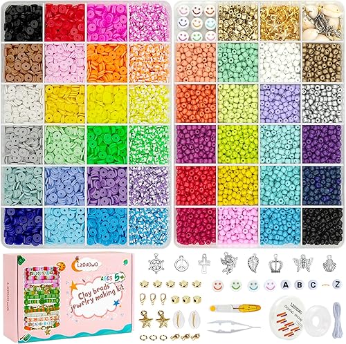LZOUOWO Kit de cuentas de arcilla con 10000 cuentas de semillas de 0.157 in para la fabricación de joyas, cuentas planas de polímero Heishi para