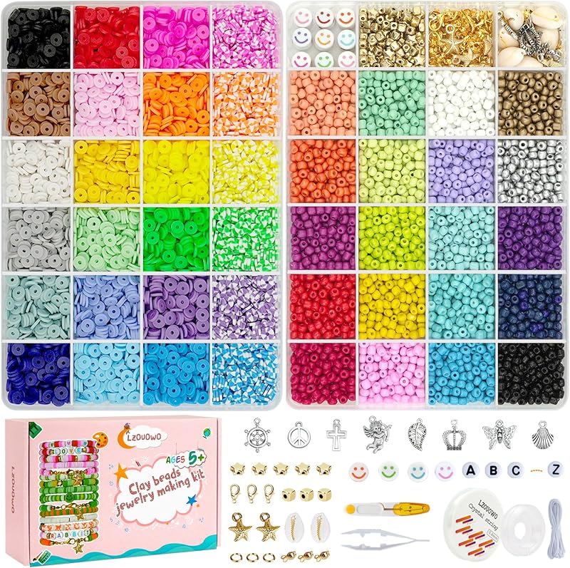 16300 Cuentas de semilla de vidrio de 4 mm para kit de fabricación de pulseras con cuentas de letras | Pulsera de la amistad, cuentas de disco Heishi de arcilla, cuerda elástica para joyería de concierto, regalo creativo DIY