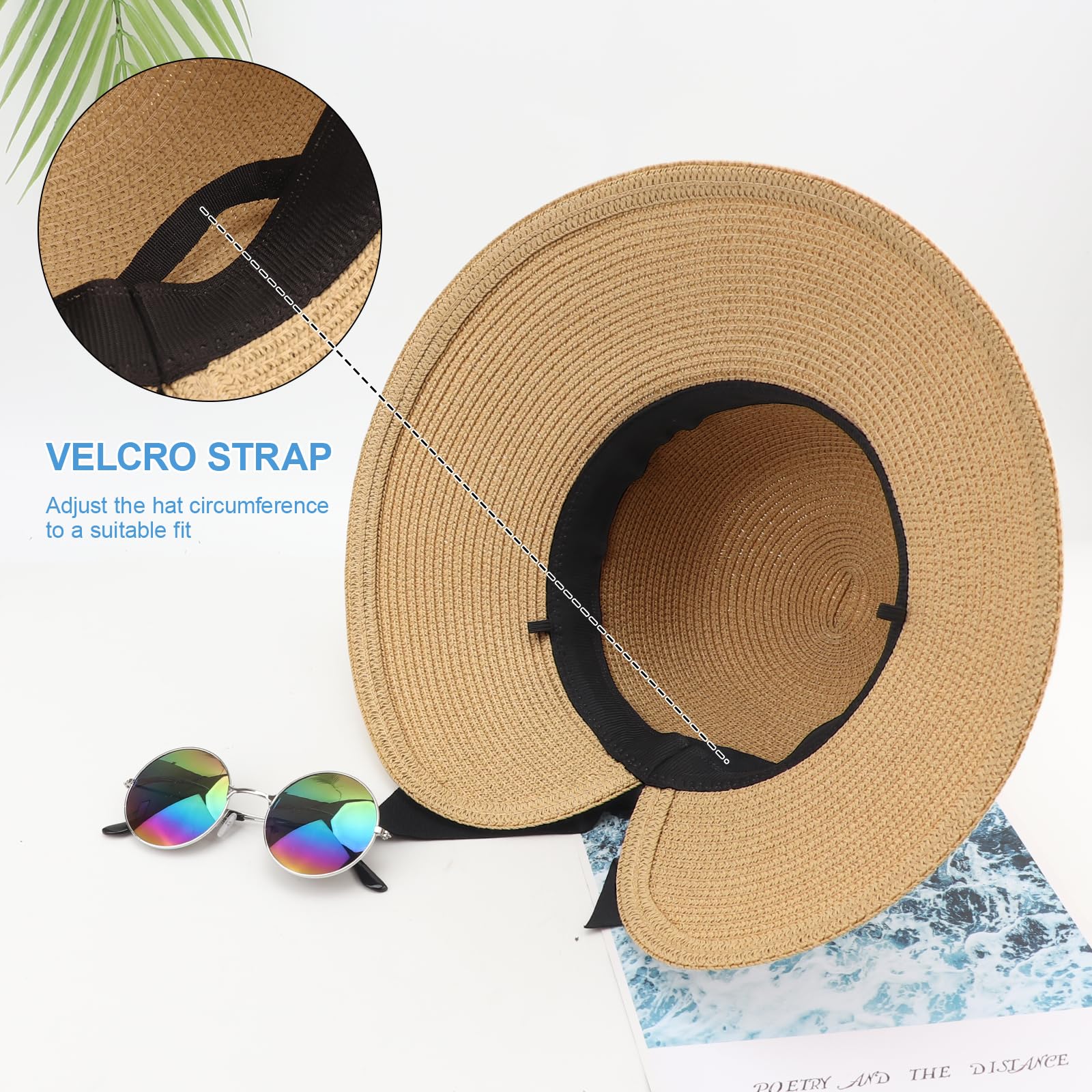 DRESHOW Cappelli da Sole per Donna Fedora da Viaggio Pieghevole da Spiaggia Cappello da Sole Sstivo a Tesa Larga in Paglia con Fiocco UPF 50+