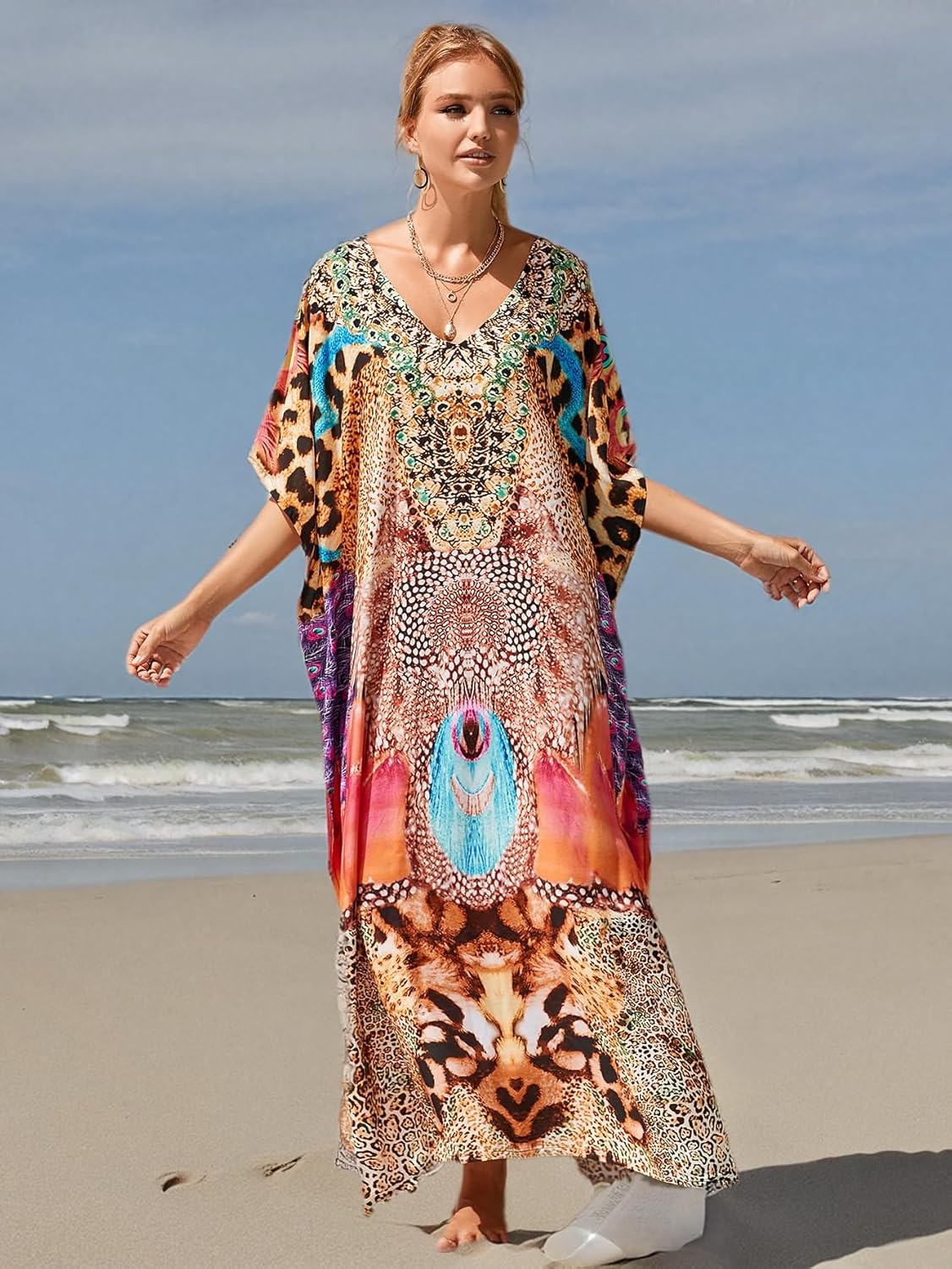 Kaftan Dresses for Women Plus Size Bathing Suit Cover up Vneck Batwing Dress Loose fit Moroccan Caftan mumu Dresses - Image 8