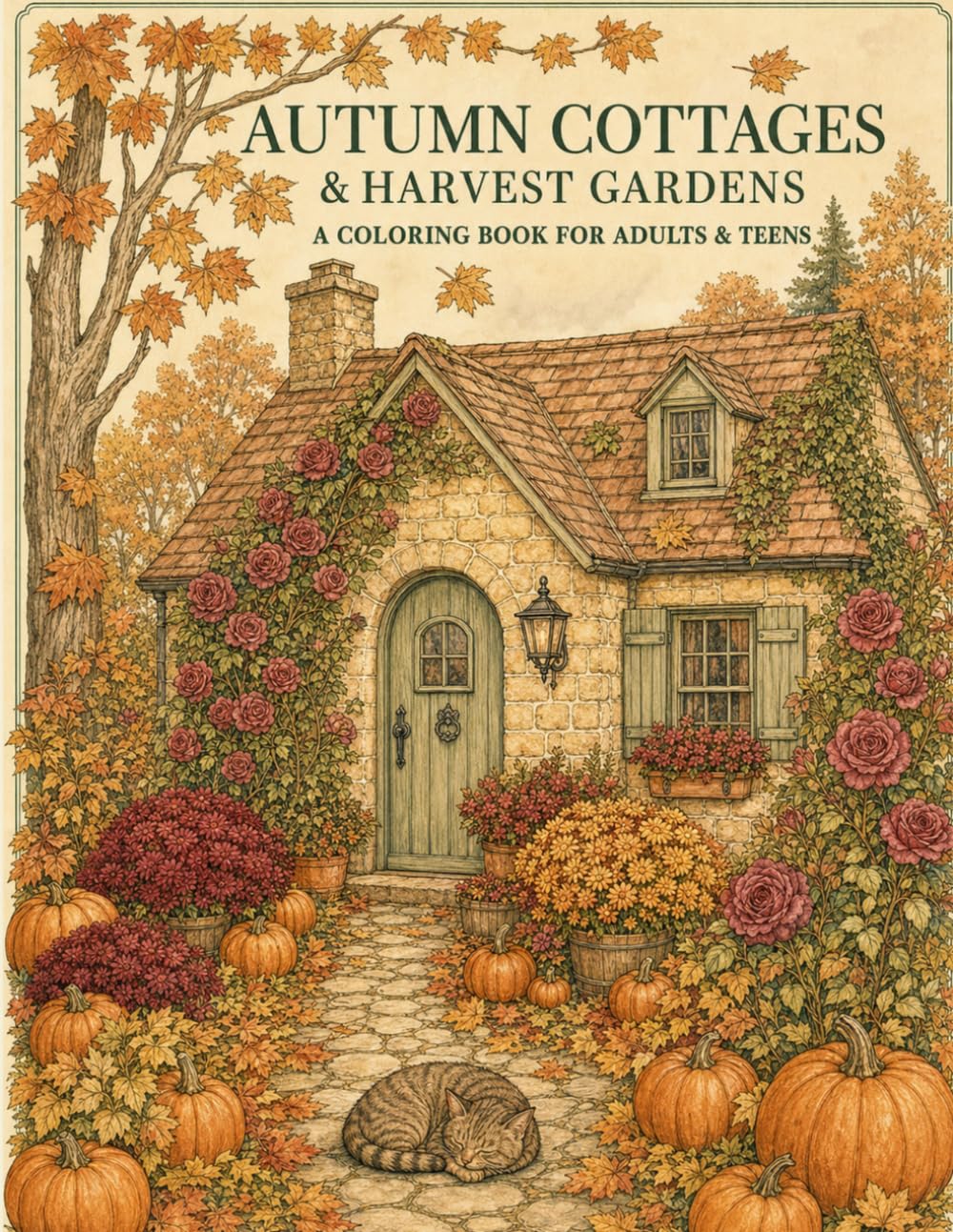 AUTUMN COTTAGES & HARVEST GARDENS: A Coloring Book for Adults & Teens