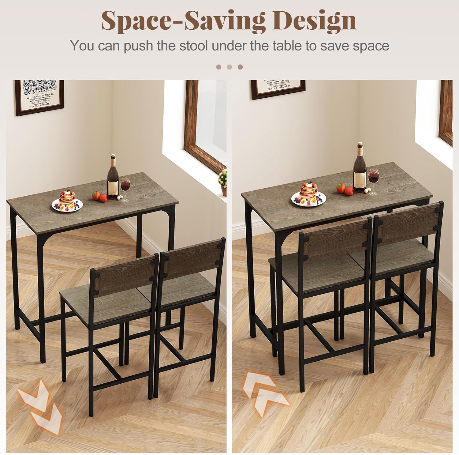 Tangkula 3 Piece Counter Height Bar Table Set, Pub Table and Chairs Set of 2, High Top Console Table with Stools for 2, Space-Saving Dinette Set for Breakfast Nook (Grey)
