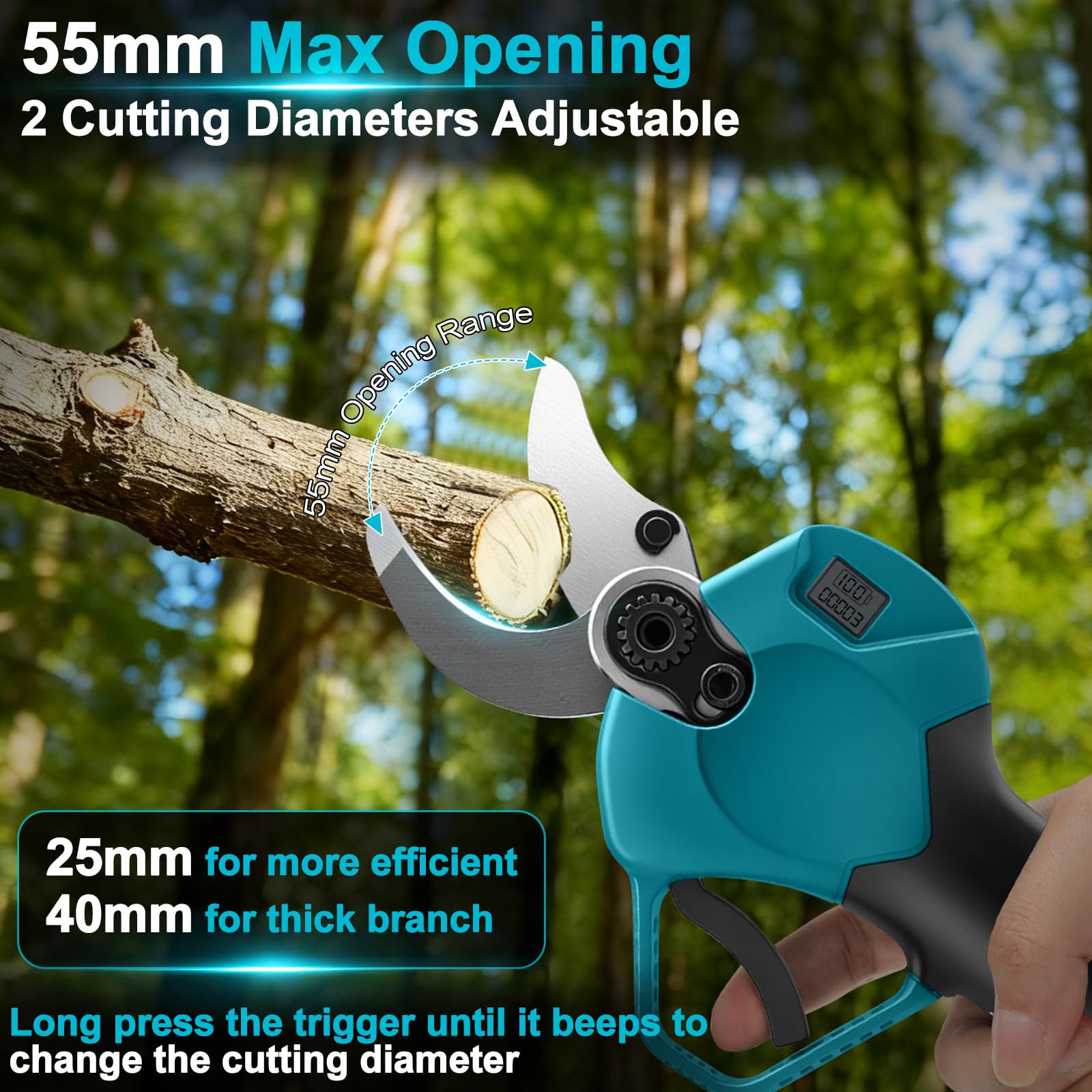 2-in-1 40mm Akku Astschere Teleskop mit 2 x 3A Akkus, 3,3m Max. Reichweite