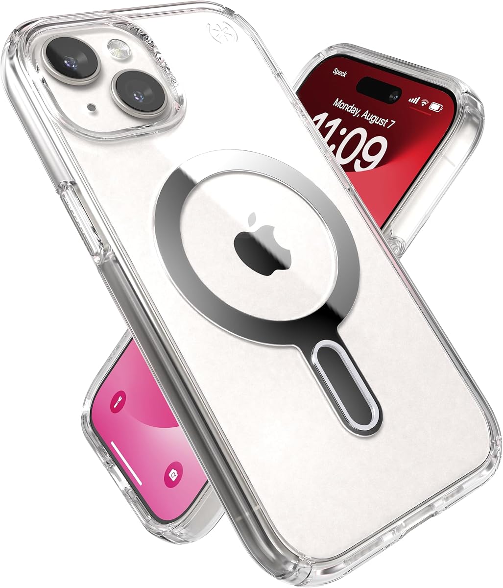 Funda transparente para iPhone 17e, 15 - Enclavamiento antideslizante ClickLock, diseñada para MagSafe, protección contra caídas - para iPhone 15, iPhone 14 y iPhone 13 - Funda para teléfono antiamarilleo de 6,1 pulgadas - Presidio Clear/Chrome