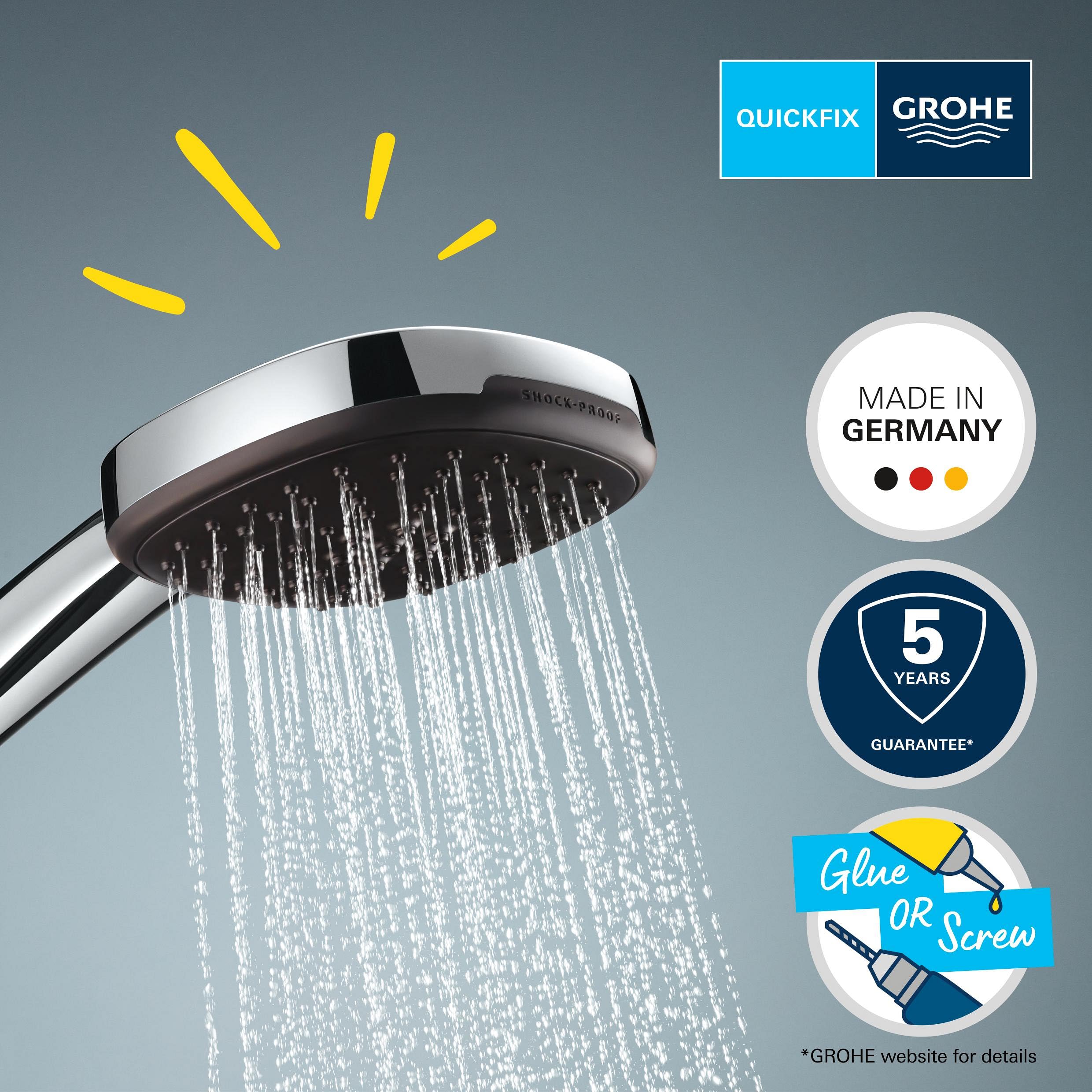 GROHE Vitalio Comfort 110 zestaw uchwytów ściennych (oszczędność wody, słuchawka prysznicowa, 2 rodzaje strumienia, wąż prysznicowy 1.750, uchwyt prysznicowy, wiercenie lub klejenie), chrom, 26399001