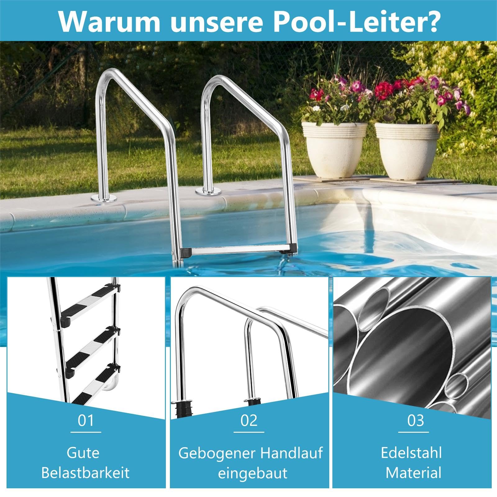 SOARS Poolleiter Edelstahl 3 Stufen, Pooltreppe mit Handlauf & rutschfesten Stufen, Schwimmbadleiter bis 150 kg belastbar, Einstiegsleiter, Einbauleiter, 53 x 63 x 147 cm