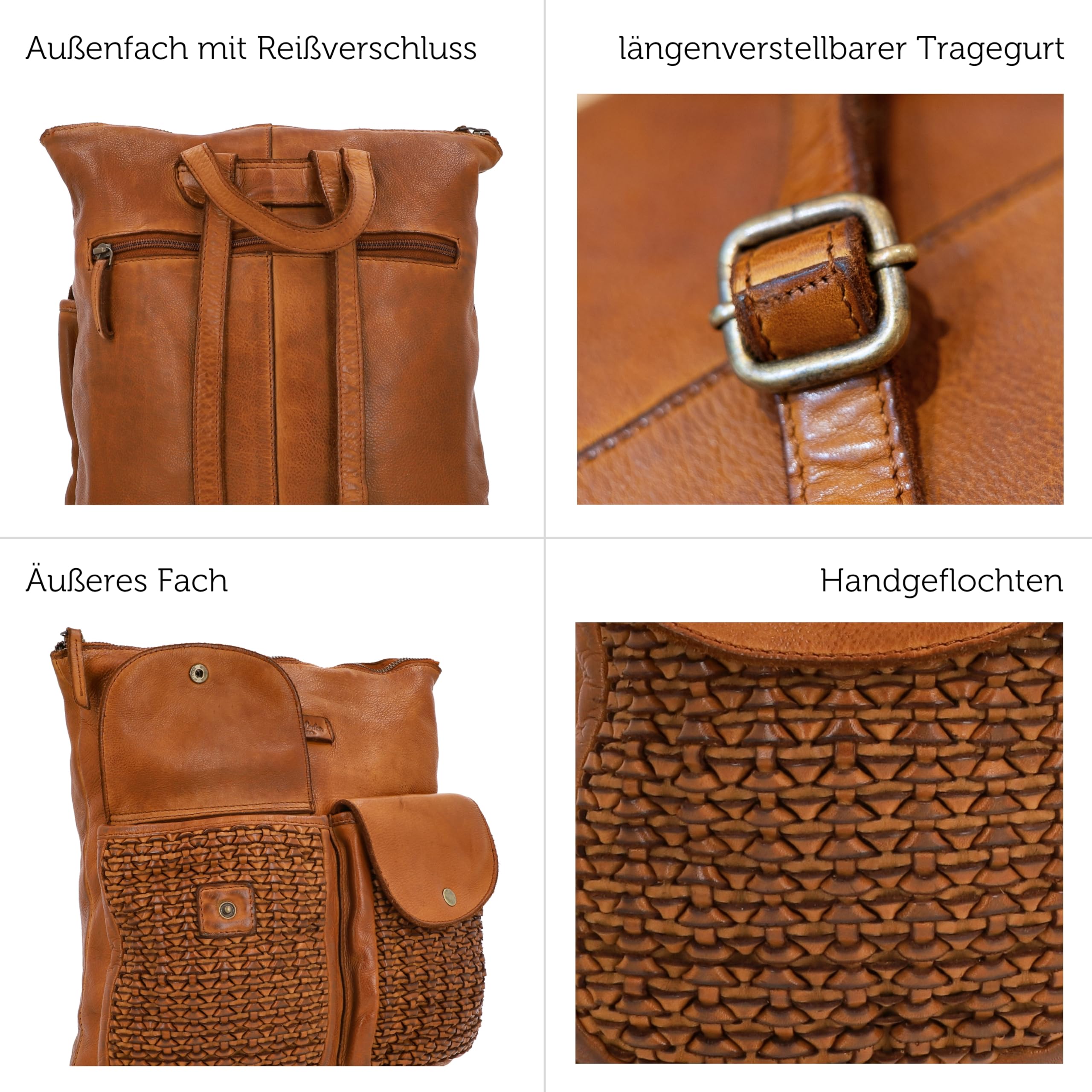 Gusti Leder Rucksack für Damen - Aileen - Stilvoller Vintage Rucksack Damen Leder mit AirTag-Fach, Laptopfach & geflochtenen Details