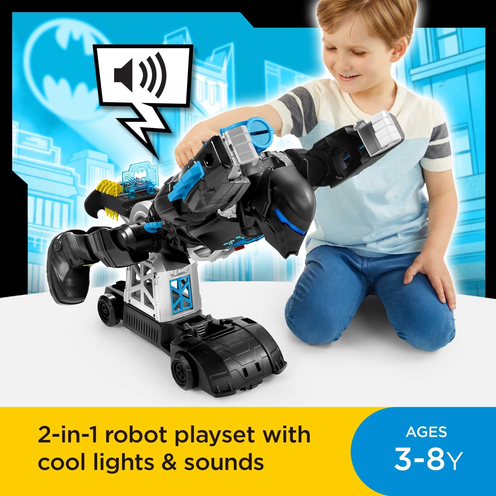 Fisher-Price Imaginext DC Super Friends Batbot Bat-Tech, transformujący robot Batmana 2-w-1, zestaw ze światełkami i dźwiękami, dla dzieci w wieku od 3 do 8 lat, HBV67