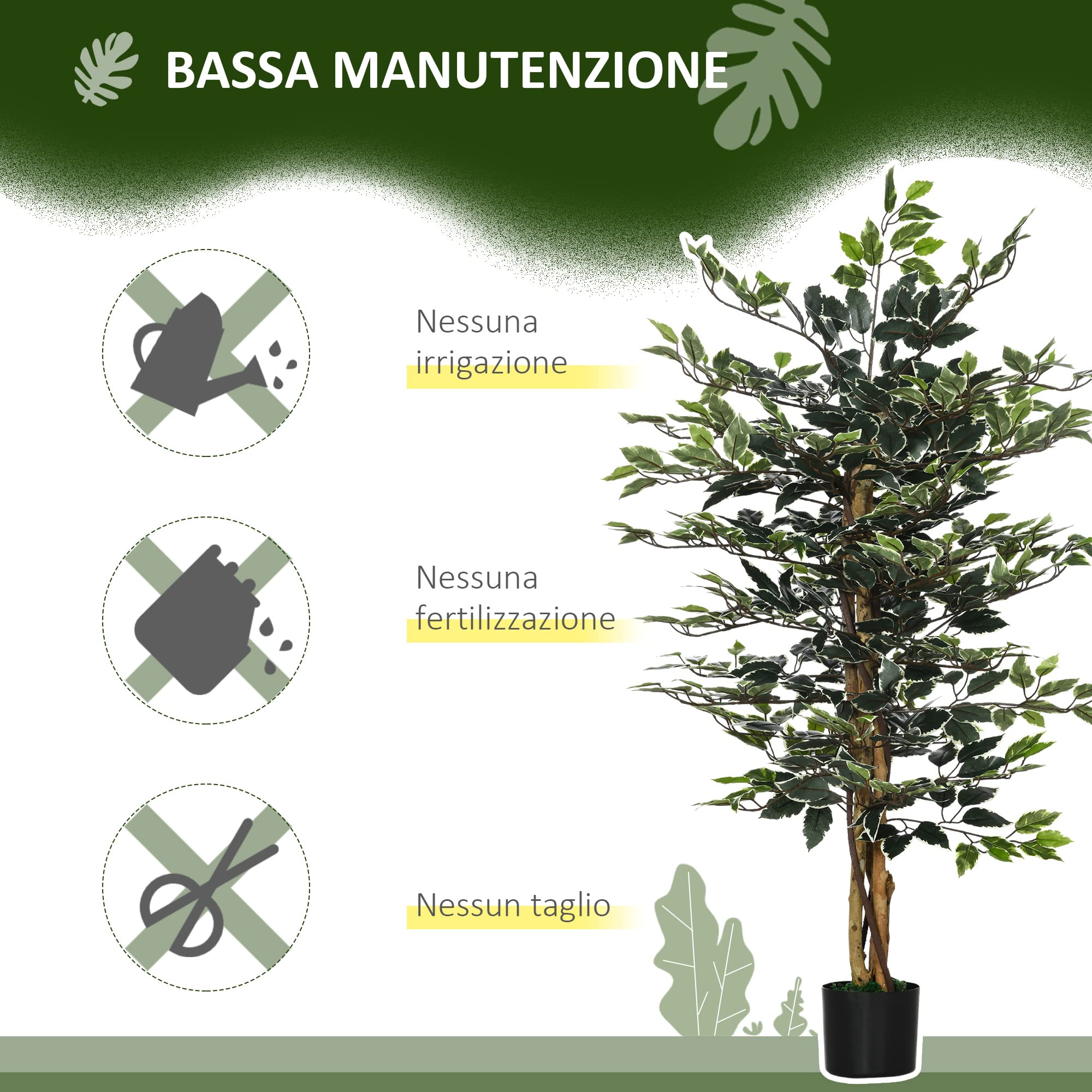 HOMCOM Pianta Artificiale di Fico Finta 130 cm 702 Foglie Verde/Bianco | 3 Tronchi, Vaso Ø15x12.5 cm, Interno, Ufficio, Soggiorno, Camera da Letto
