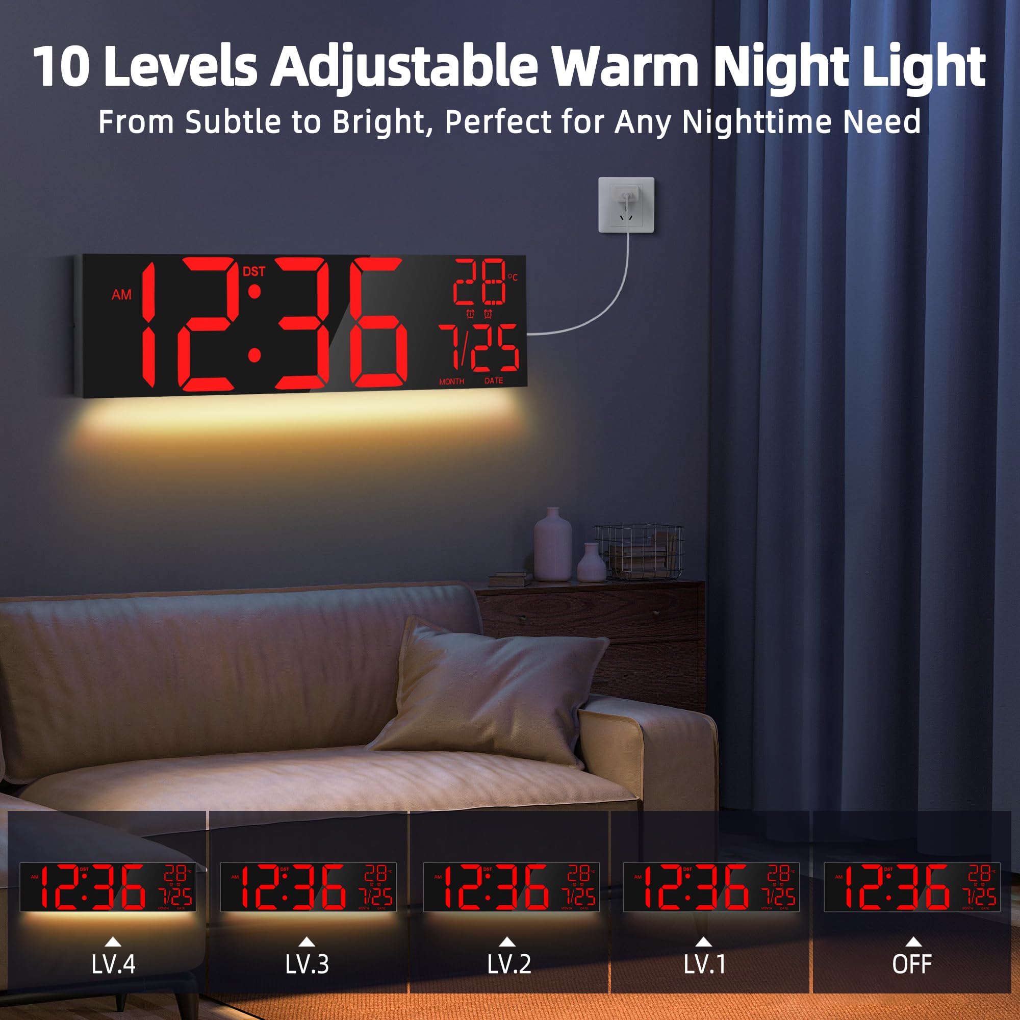 MAXSTAR 30 "Reloj de pared digital extra grande con pantalla LED roja/azul/blanca y control remoto, alarmas duales,temporizador,DST,temperatura, luz nocturna para sala de estar/oficina/tienda/gimnasio