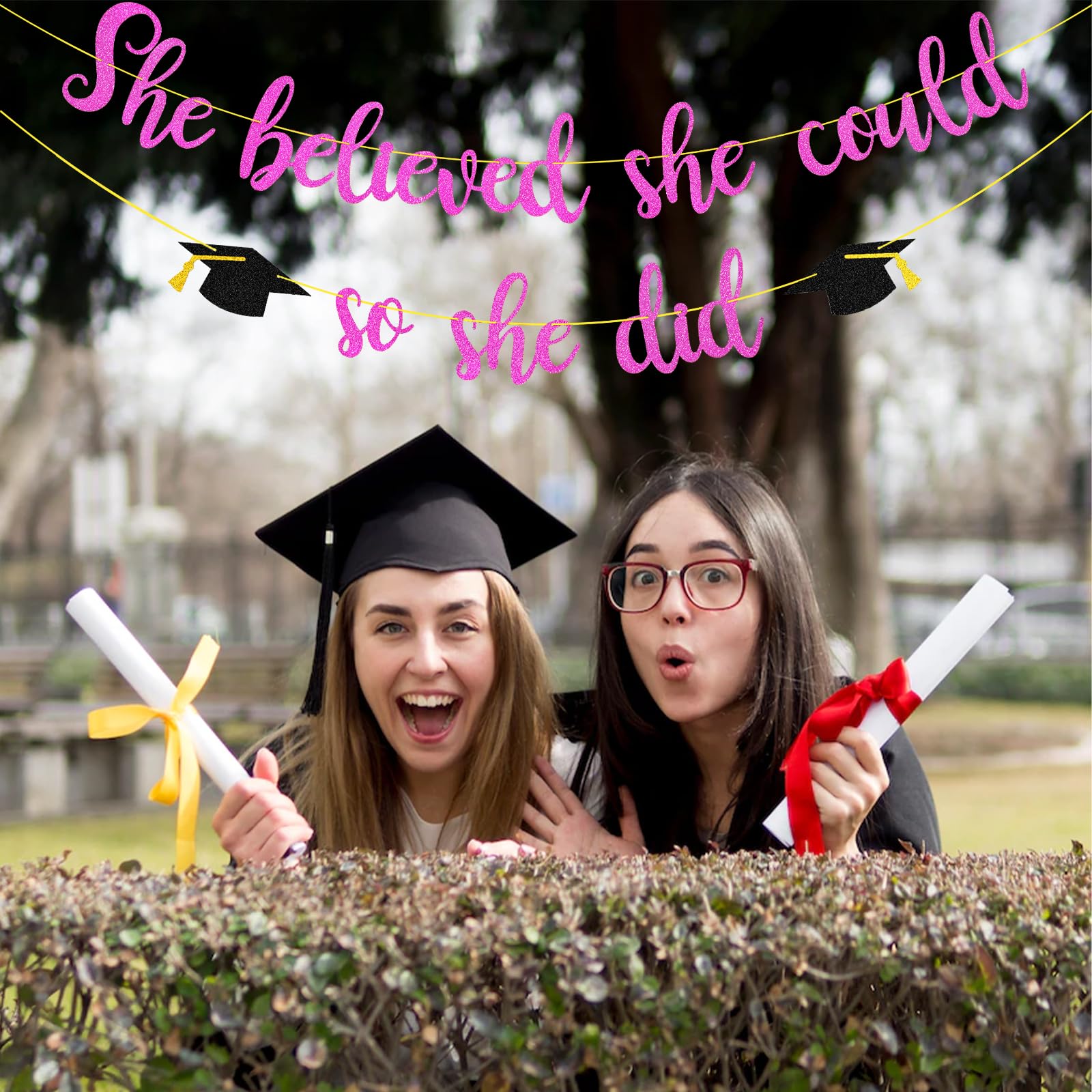 "She Believed She Could So She Did" Graduation Banner - Purple Glitter DIY Party Decoration (Class Of 2022)