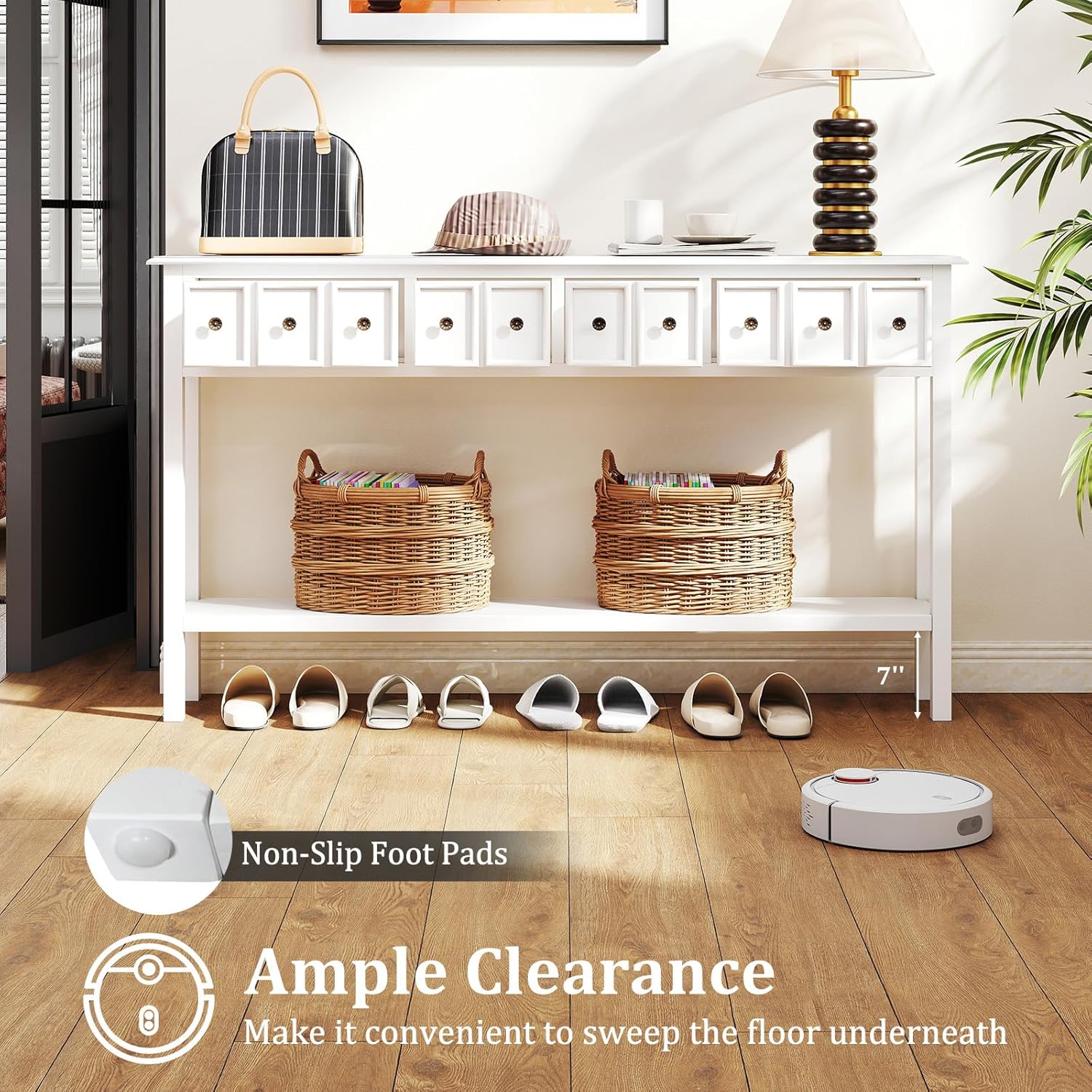 Giantex 60" Entryway Table, Long Narrow Console Table with 4 Drawers and Open Storage Shelf, Modern Slim Entry Tables, Farmhouse Wooden Sofa Tables with Anti-Tip Kit for Living Room, Hallway (White)