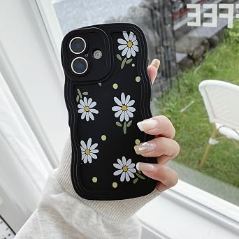 UEEBAI Wave Case for iPhone 16 Plus Phone Case, Cute Wave Frame Slim Fit Cute Daisy Phone Case Soft Pretty Curly Wavy Case Silicon Case for iPhone 16 Plus Case Flower Case, Black