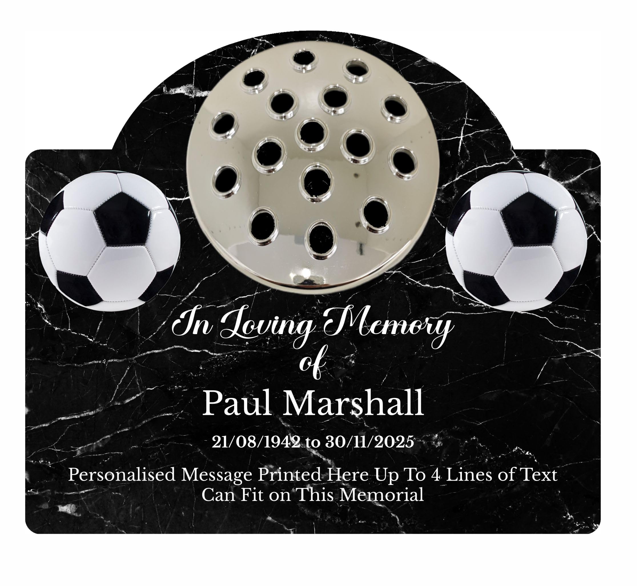 Personalised Football Design Metal Grave Stone Marker Headstone Memorial Plaque In Memory Sign Remembrance Flower Pot Vase (UV PRINTED) (Black Marble, Silver Lid)