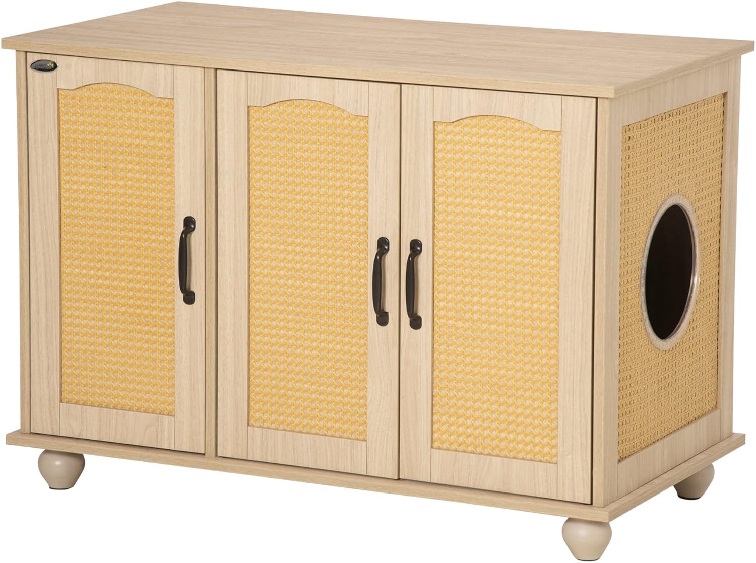 PawHut Cat Litter Box Enclosure Side Table, Hidden Cat Washroom Storage with Soft Cushion, Kitten House with PE Rattan, Adjustable Partition, for Indoor Use, Oak