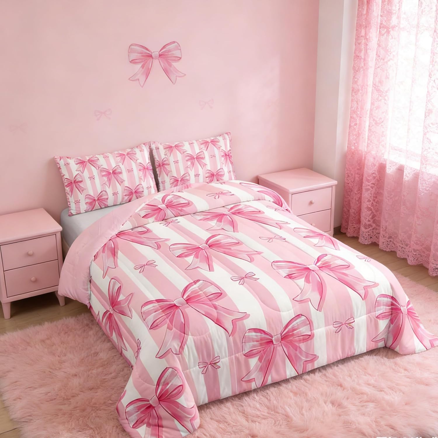 Feelyou Pink Bowknot Comforter Set,Dreamy Princess Bowknot Bedding Set Queen Size,Girls Bedroom Room Decor,Cute Bow Girly Comforter,Kawaii Geometric Bow-tie Bed Set for All Season
