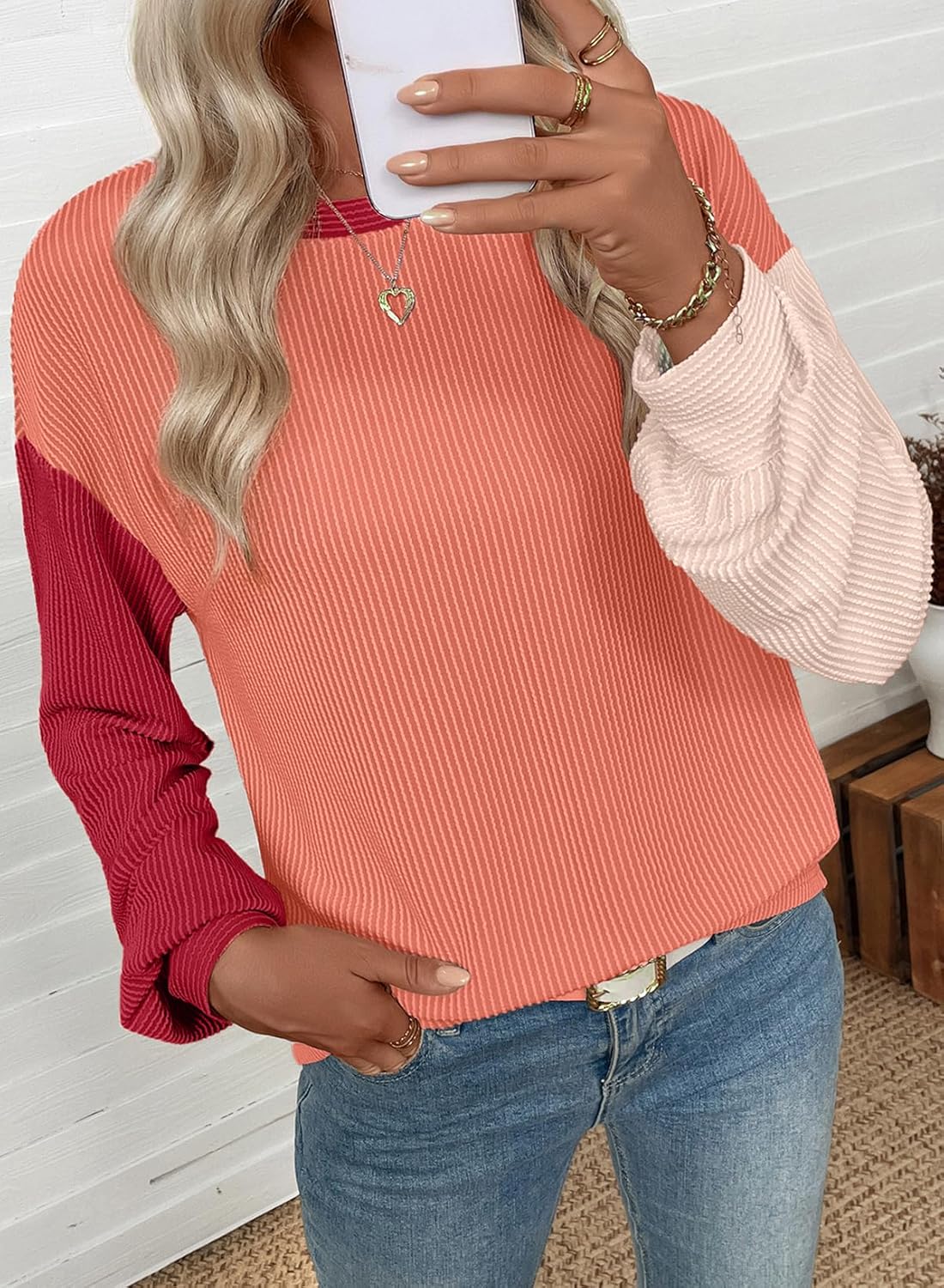 EVALESS Womens Long Sleeve Tops Fall Fashion 2026 Crewneck Color Block Ribbed Knit Casual Loose Fit Pullover Shirts - Image 2