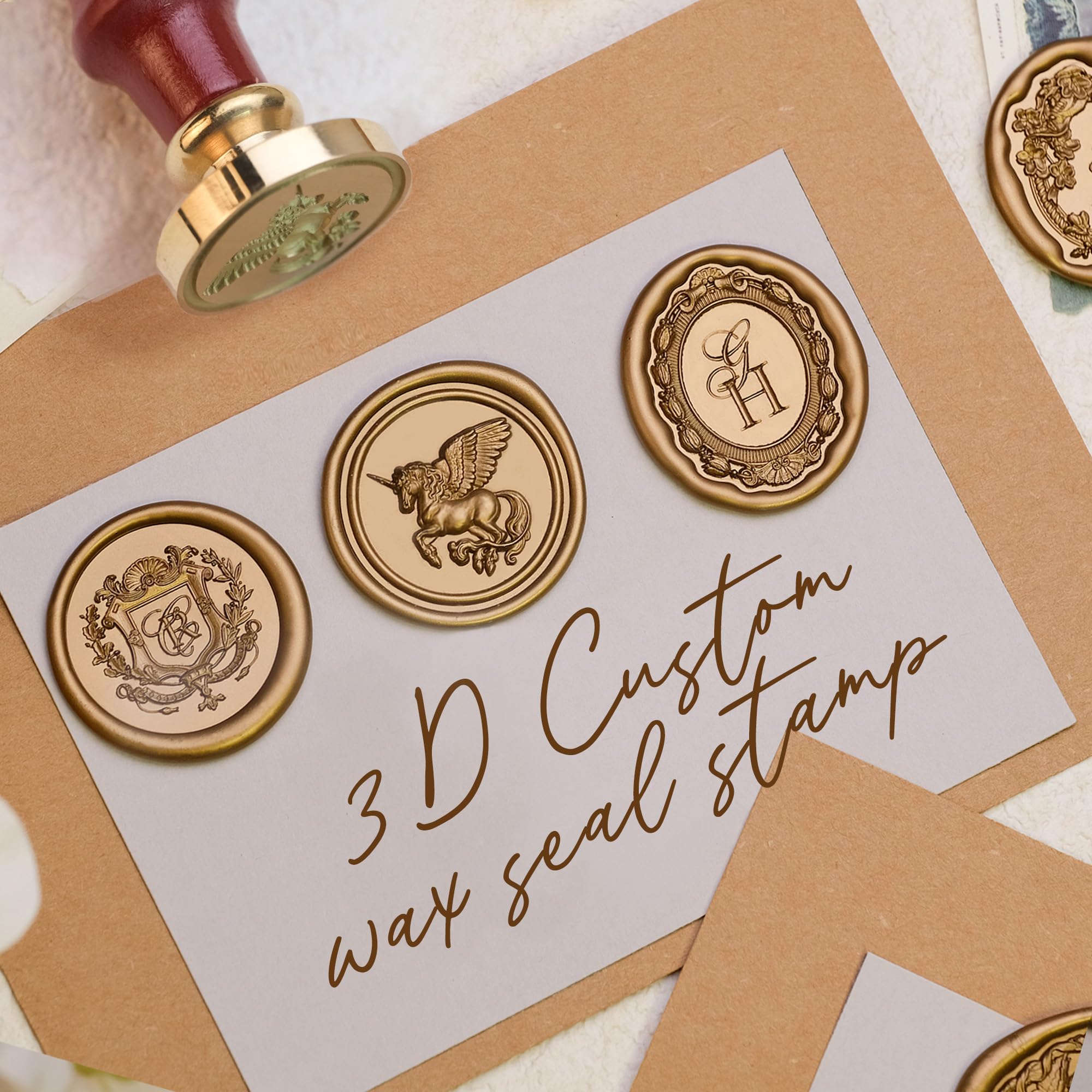 Personalisierter Siegelstempel, 3D Relief Logo Messing nach Vorlage | 3D Relief Messing Siegelstempel nach Vorlage mit Logo, Wappen oder Motiv für Hochzeit, Einladungen und Verpackung