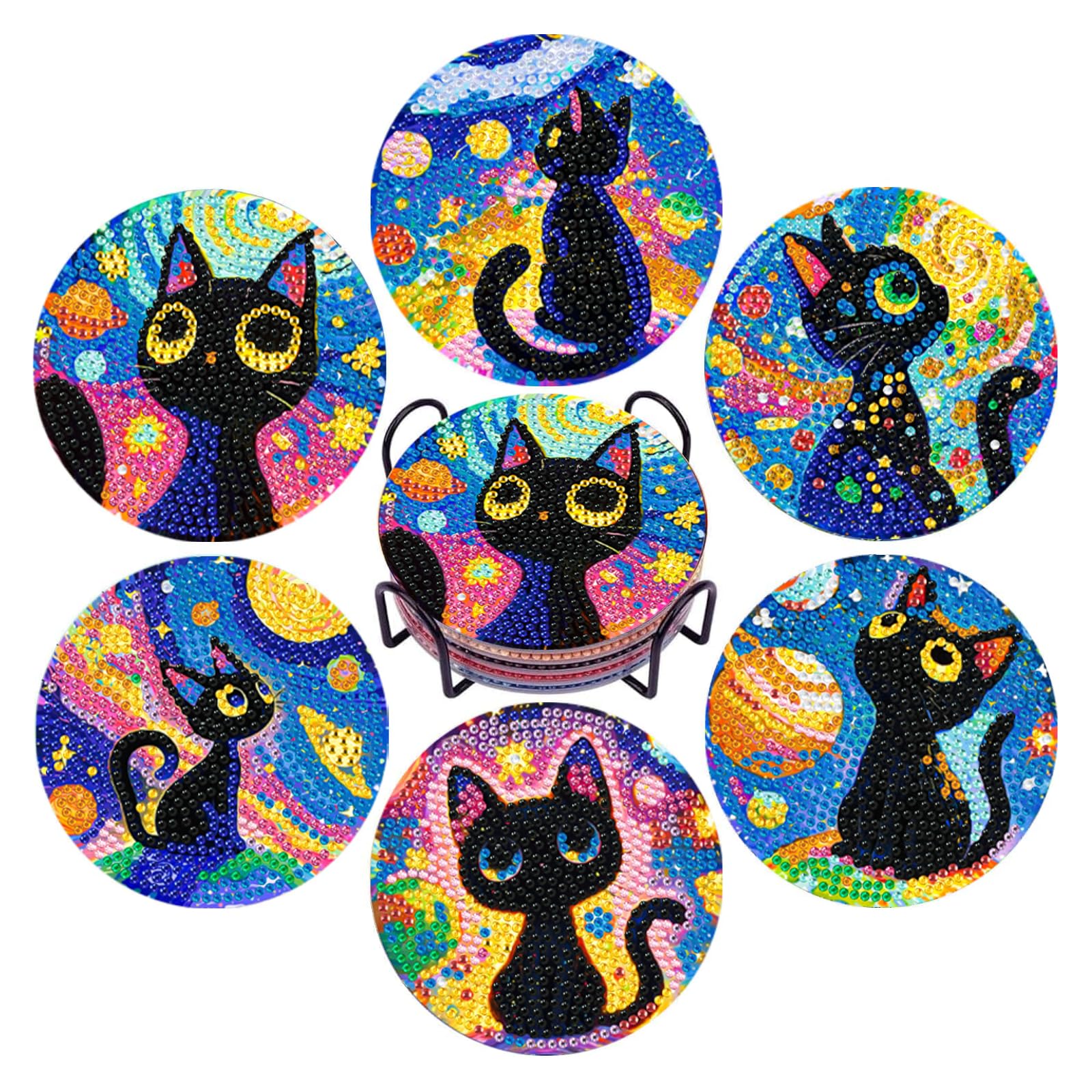 DOZEEZOP 6 PCS Diamond Art Coasters Kit, Cat Diamond Painting Coasters with Holder, Fall Diamond Art Kits for Adults Beginners, Arts and Crafts Supplies Black Astral Cat Animals