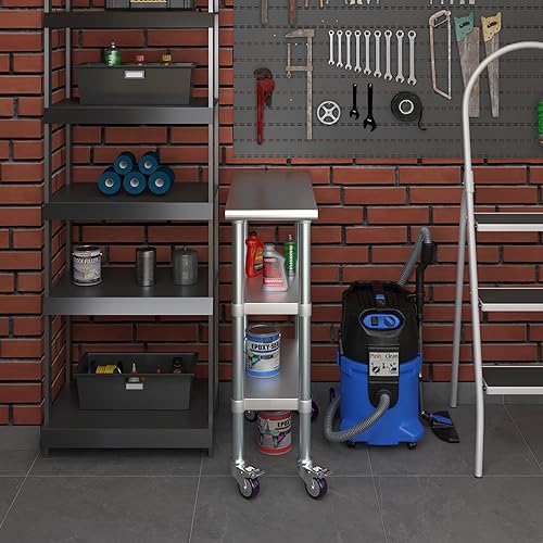 Miniatura 95 de AmGood Mesa de trabajo de acero inoxidable con 2 estantes y ruedas Mesa de trabajo de metal con ruedas