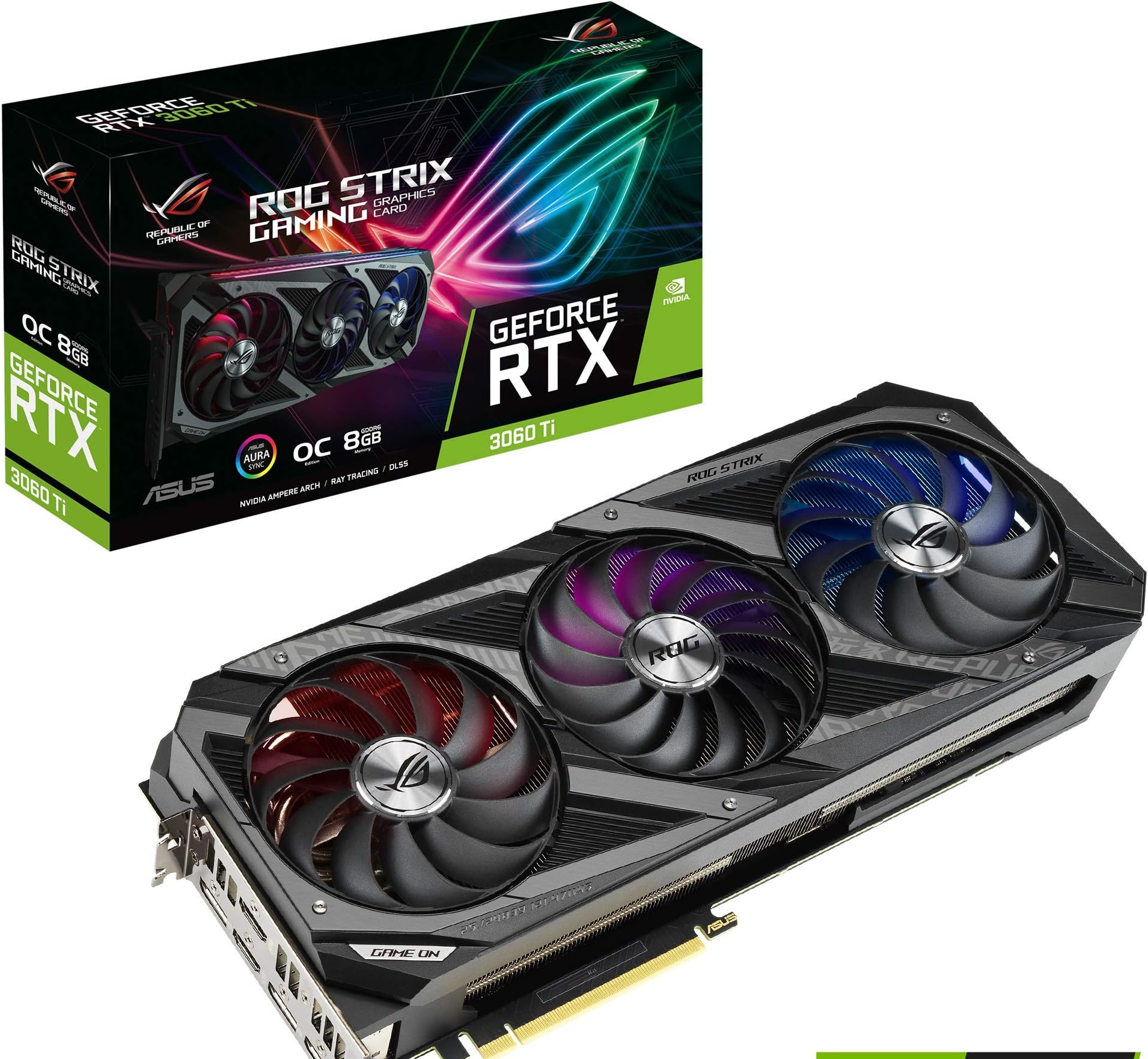 ASUS ROG Strix NVIDIA GeForce RTX 3060 Ti OC Edition Gaming Graphics Card (PCIe 4.0, 8GB GDDR6, HDMI 2.1, DisplayPort 1.4a, Axial-tech Fan Design, 2.9-Slot, Super Alloy Power II, GPU Tweak II)
