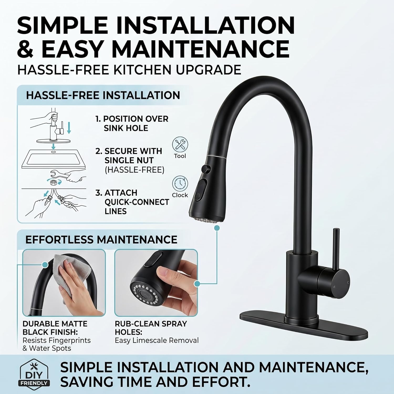 KINGO Kitchen Faucet, Matte Black Kitchen Faucets with Pull Down Sprayer, High Arc Single Handle Stainless Steel Sink Faucets 1 or 3 Hole, Kitchen Sink Faucets for Farmhouse Camper Laundry Rv Bar