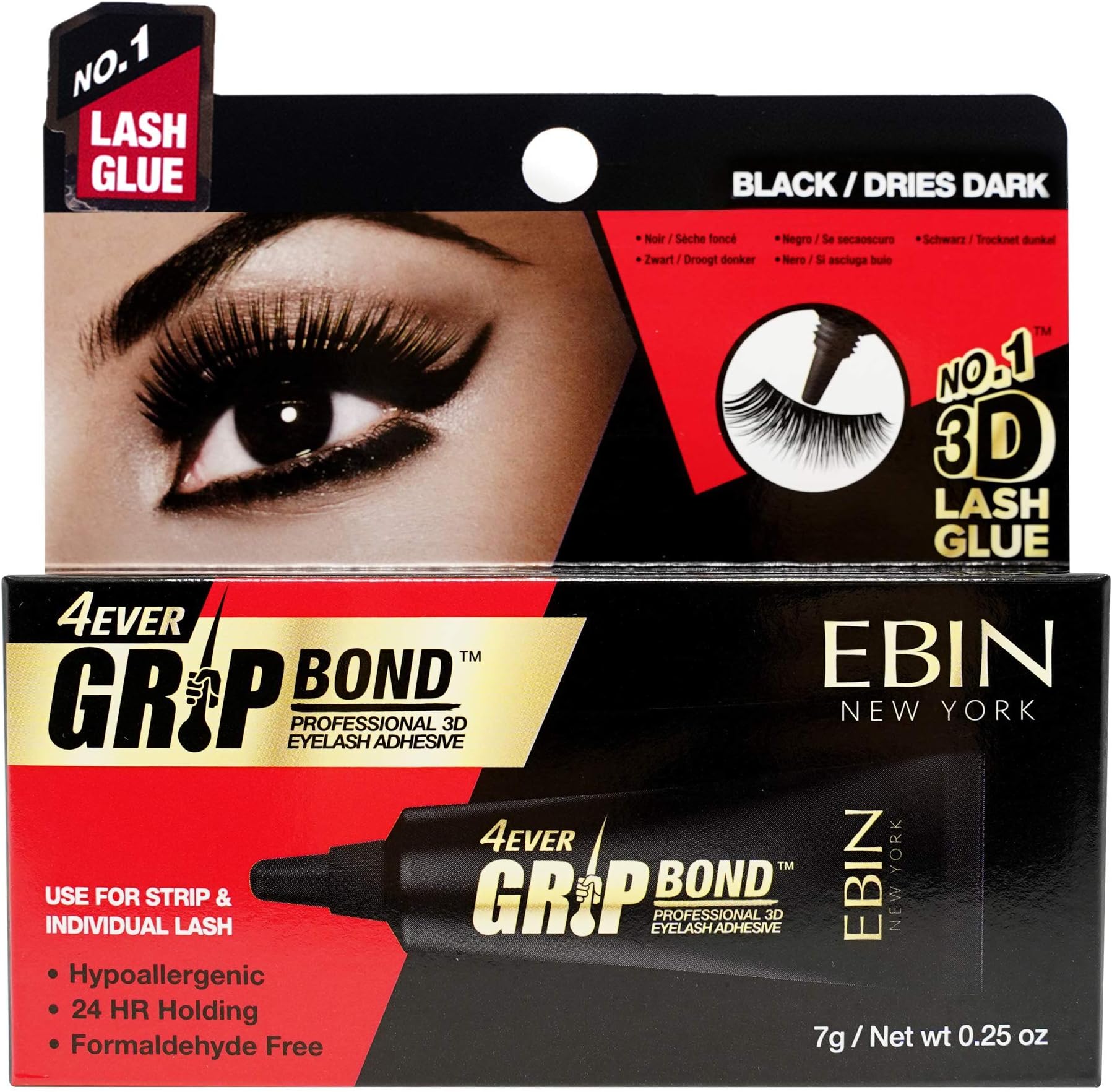 EBIN NEW YORK Grip Bond Eyelash Glue Tube Black 0.25 oz | Fast Dry Lash Glue Dries Dark | Extra Strong Hold Smudge Resistant Latex Free for Sensitive Eyes