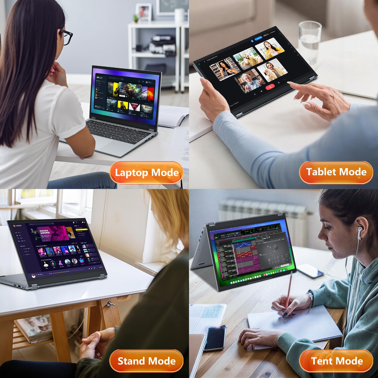 PC Portatile 2-in-1 Touchscreen da 15,6 Pollici, Notebook Win 11 con Processore Ryzen 3 3200U, 16GB RAM 512GB SSD, Laptop 360° Rotation Touchscreen 1080P FHD, Computer Portatile RJ45 USB3.0 Mini-HDMI