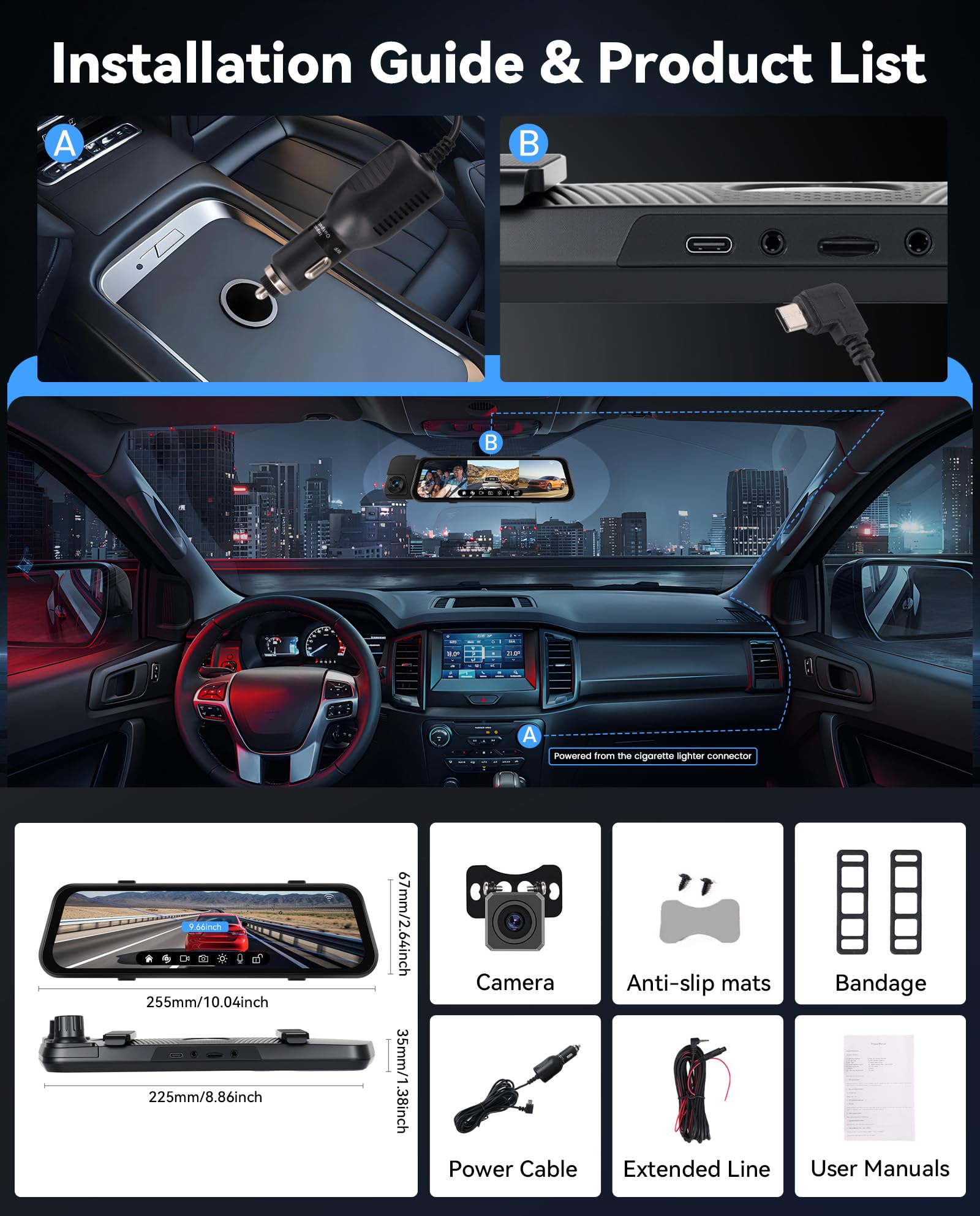 SIXWIN Rétroviseur Dashcam 9,66" Tactile 1080P HD 3 Canaux WiF | Enregistrement 1080P + 2×720P | Vision Nocturne, Boucle, Capteur G, Caméra de Recul, Angle 150° | Installation Universelle