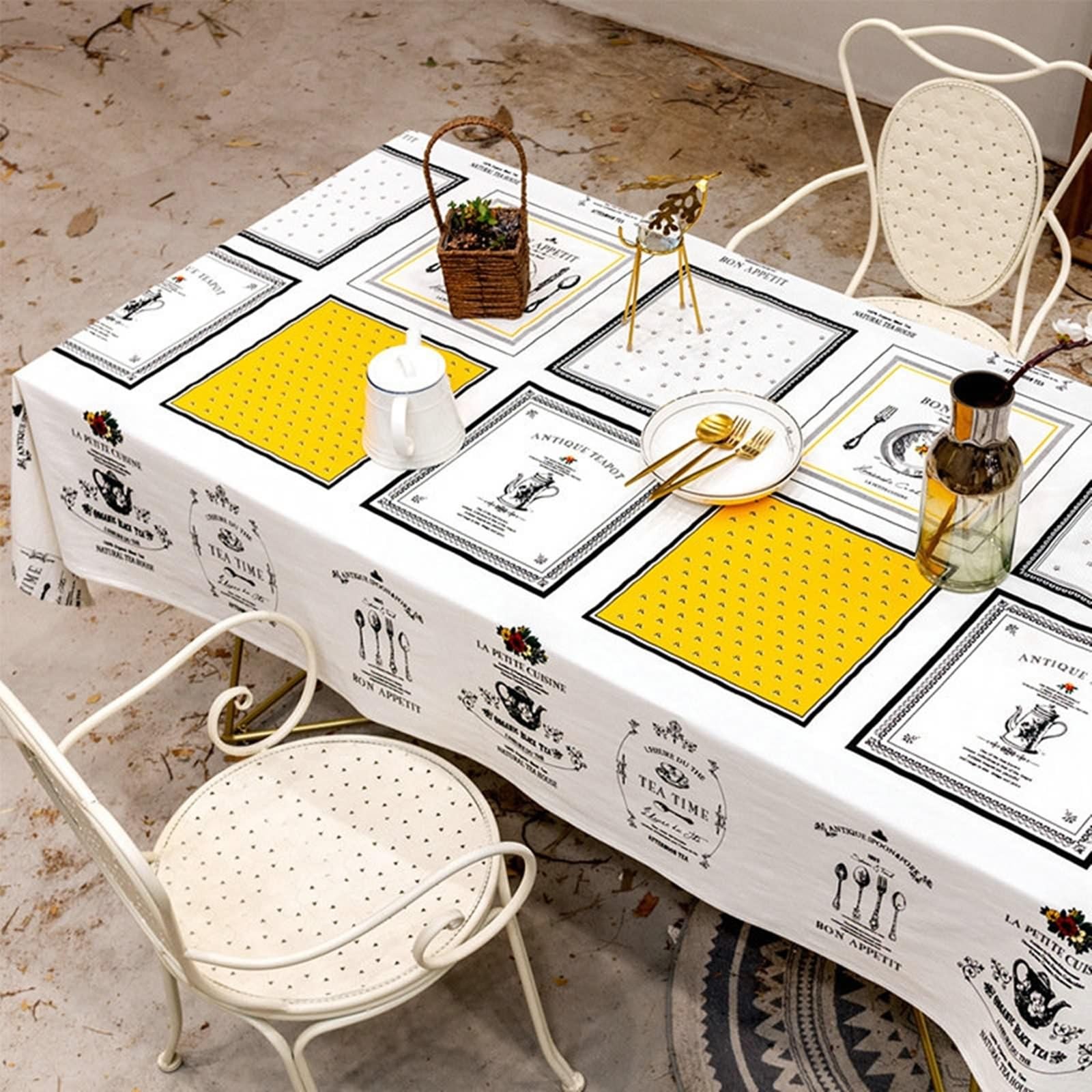 Nappe lavable 120 x 120 cm en coton et lin - Lavable - Grille carrée - Jaune et blanc