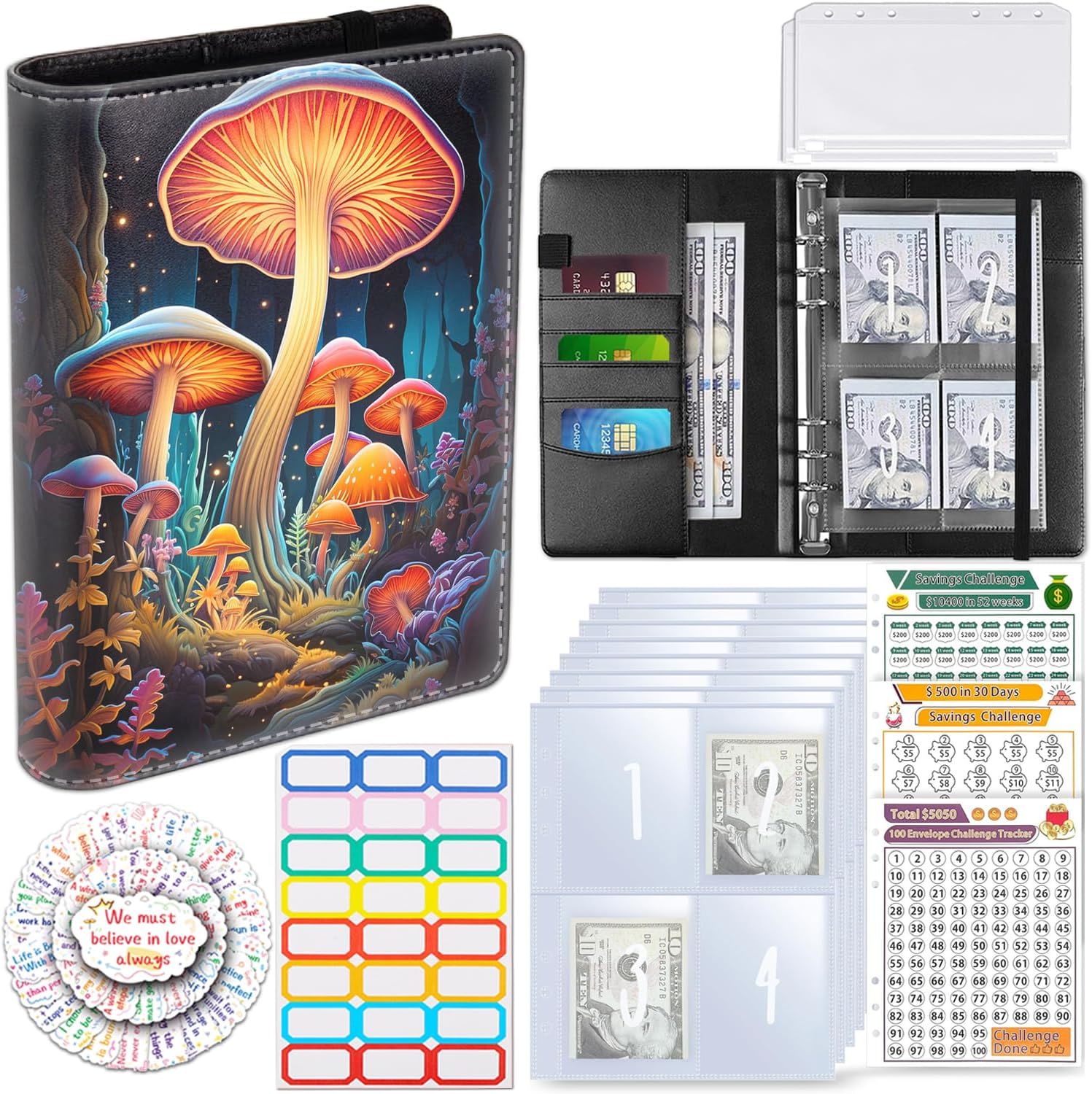100 Envelopes Money Saving Challenge, A5 Budget Binder with Cash Envelopes & 3 Budgeting Planner Trackers to Save $5,050, 10,000, 500, Money Savings Challenge Book for Organizer, Colorful Mushrooms