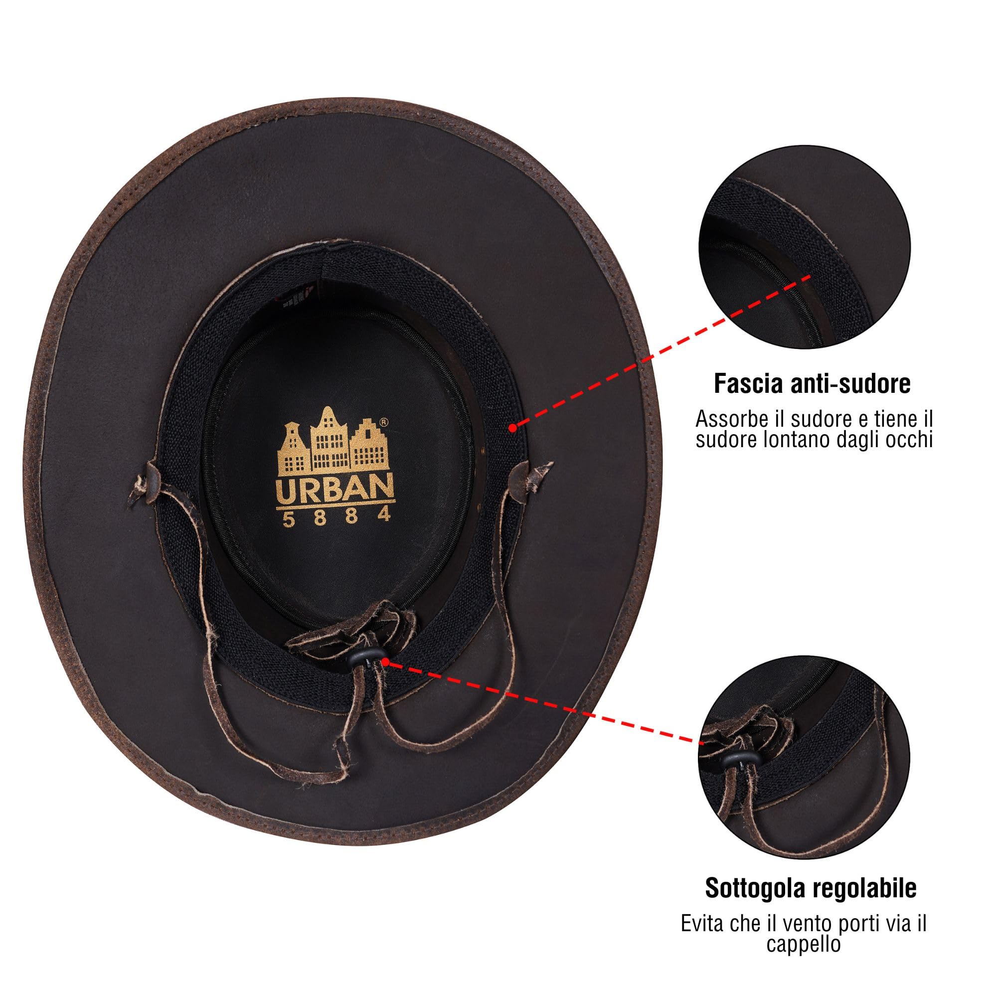 URBAN 5884 Cappello da Cowboy in Vera Pelle, Cappello Western Uomo/Donna in Vera Pelle Bovina, Tesa Modellabile e Sottogola Regolabile