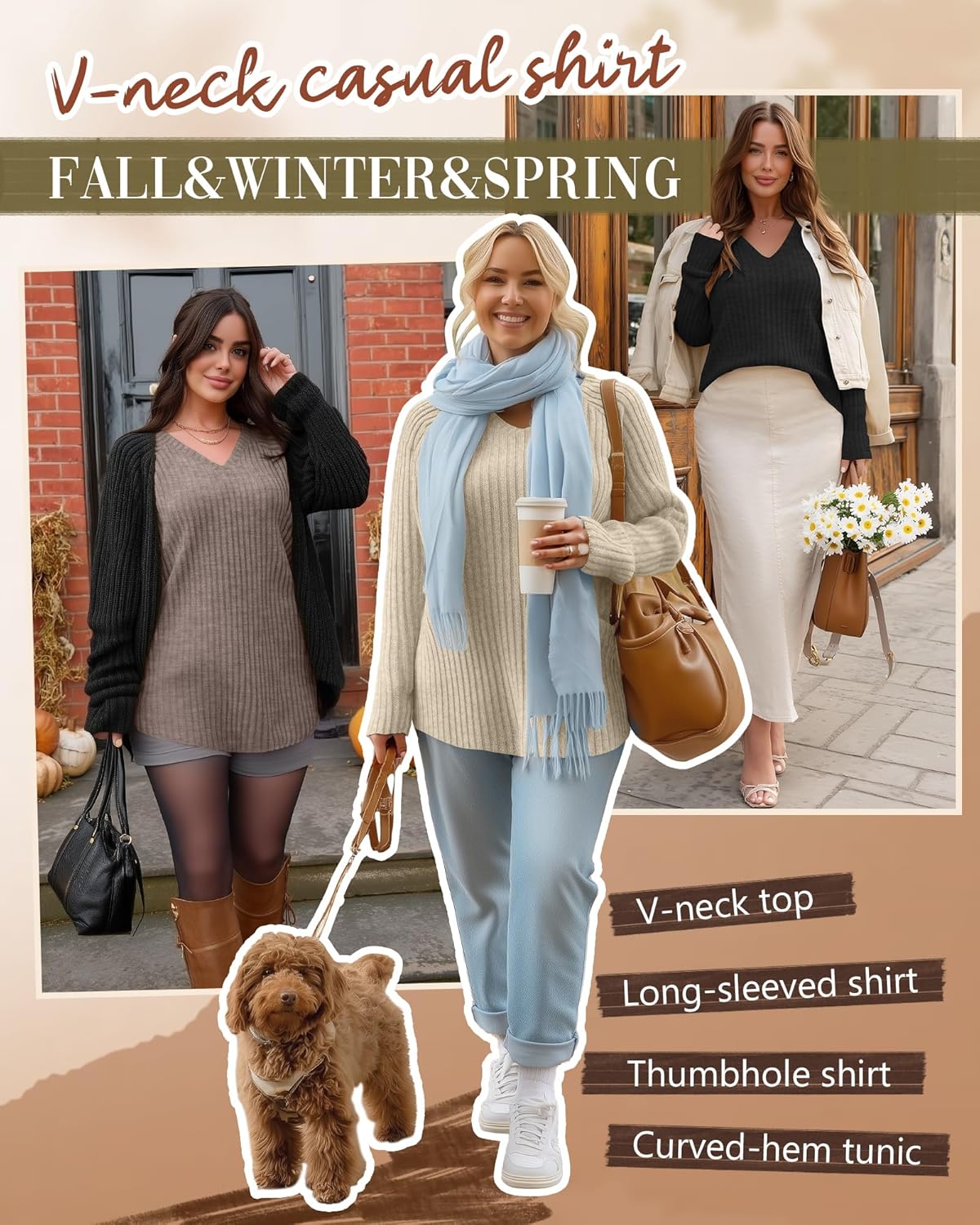 3 Pack Women's Plus Size Sweaters Long Sleeve Shirts Tunic with Thumb Holes Ribbed V Neck Casual Loose Fit Fall Top - Image 4