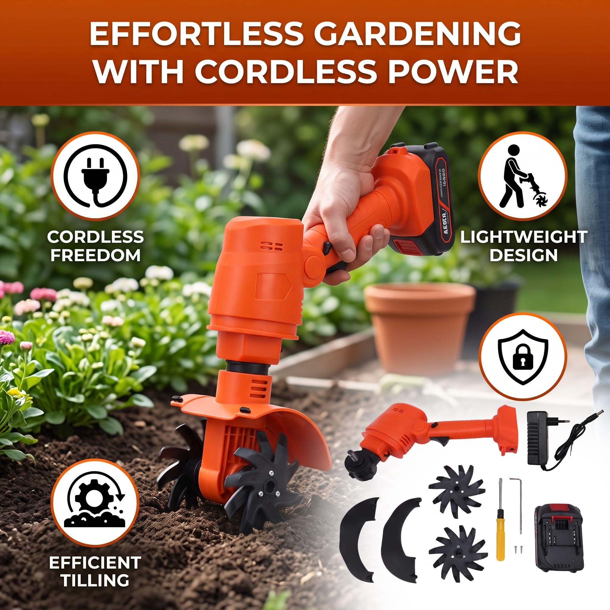 CHICIRIS Coltivatore a Batteria Alimentato a Batteria con Al Litio da 1500 MAh Mini Motozappa per Diserbo Coltivatore da Giardino con Blocco di Sicurezza Maniglia (Spina UE da 100 a 240 V)