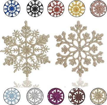 12P Glitter Snowflake Ornaments for Christmas Trees Decorations Champagne Gold,Xmas Snow Flakes Christmas Hanging Decoration,Plastic Sparkly Snowflake Baubles for Xmas Tree Decoration Craft Home Decor