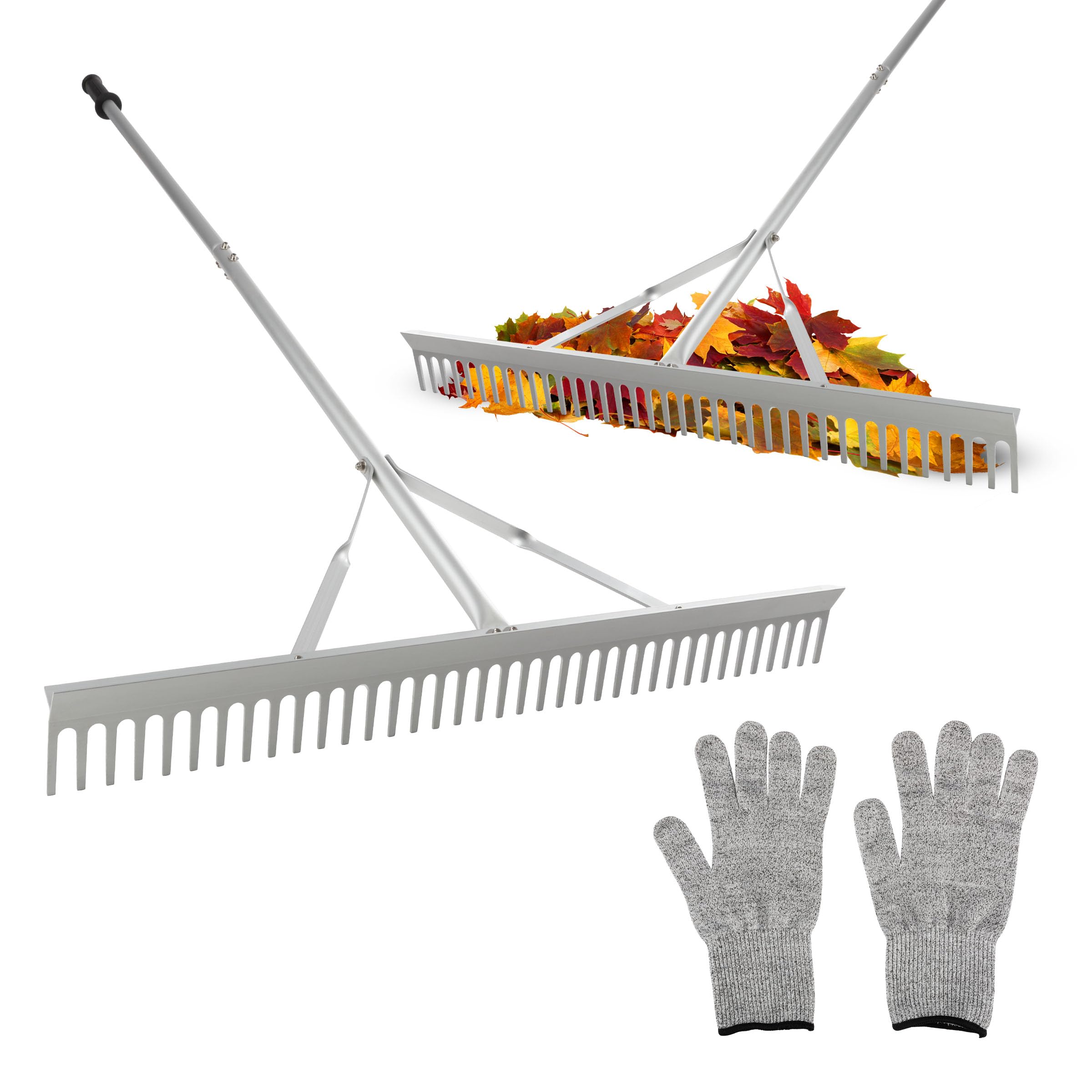 Landscape Rake - 36-Inch Head Aluminum Metal Rake and Protective Gloves for Lawn Care, Leaves, Pools, Leveling and Weeding - Yard Tools by Pure Garden