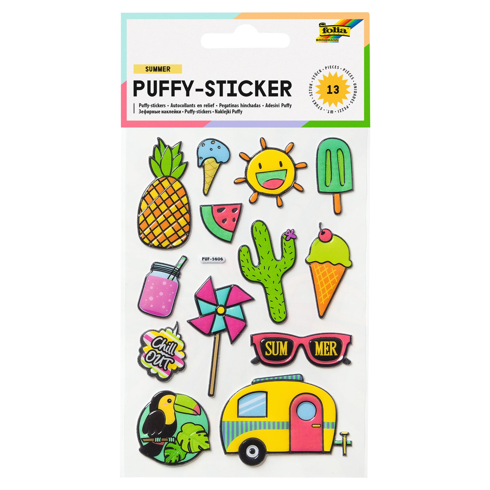 folia 19803 Puffy Sticker III with Trendy Motifs Pack of 13 Ideal for Decorating Greeting Cards, Crafts and Scrapbooking