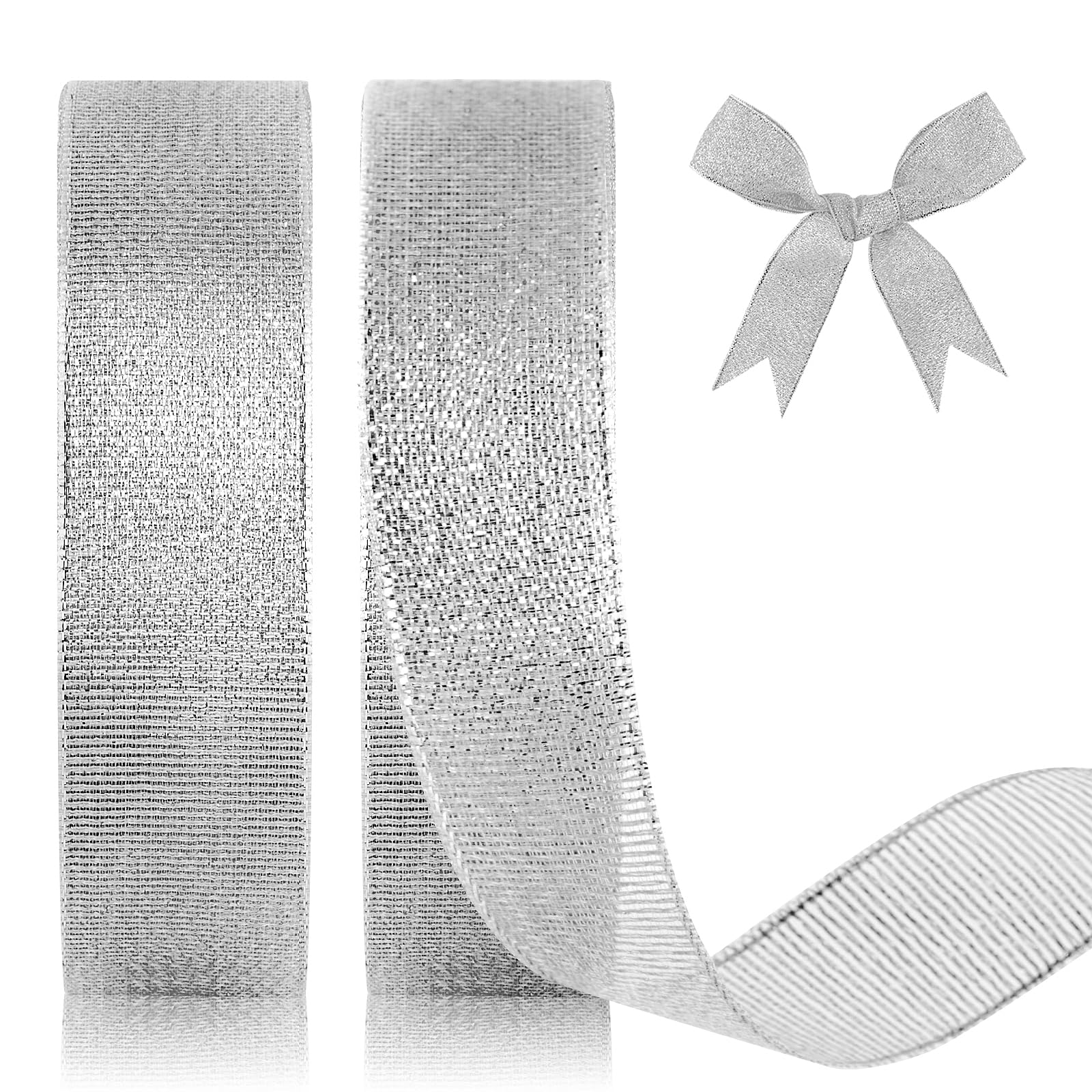 GXFCING Silver Organza Ribbon 20mm, 44m Glitter Gold Christmas Ribbon for Gift Wrapping Crafts, DIY Sewing, Cakes, Weddings