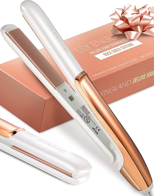 Hair Straighteners, Straightens & Curls, 100-230 Adjustable Temperature with Ceramic Plates - Rose Gold - UK-Plug by Lily England